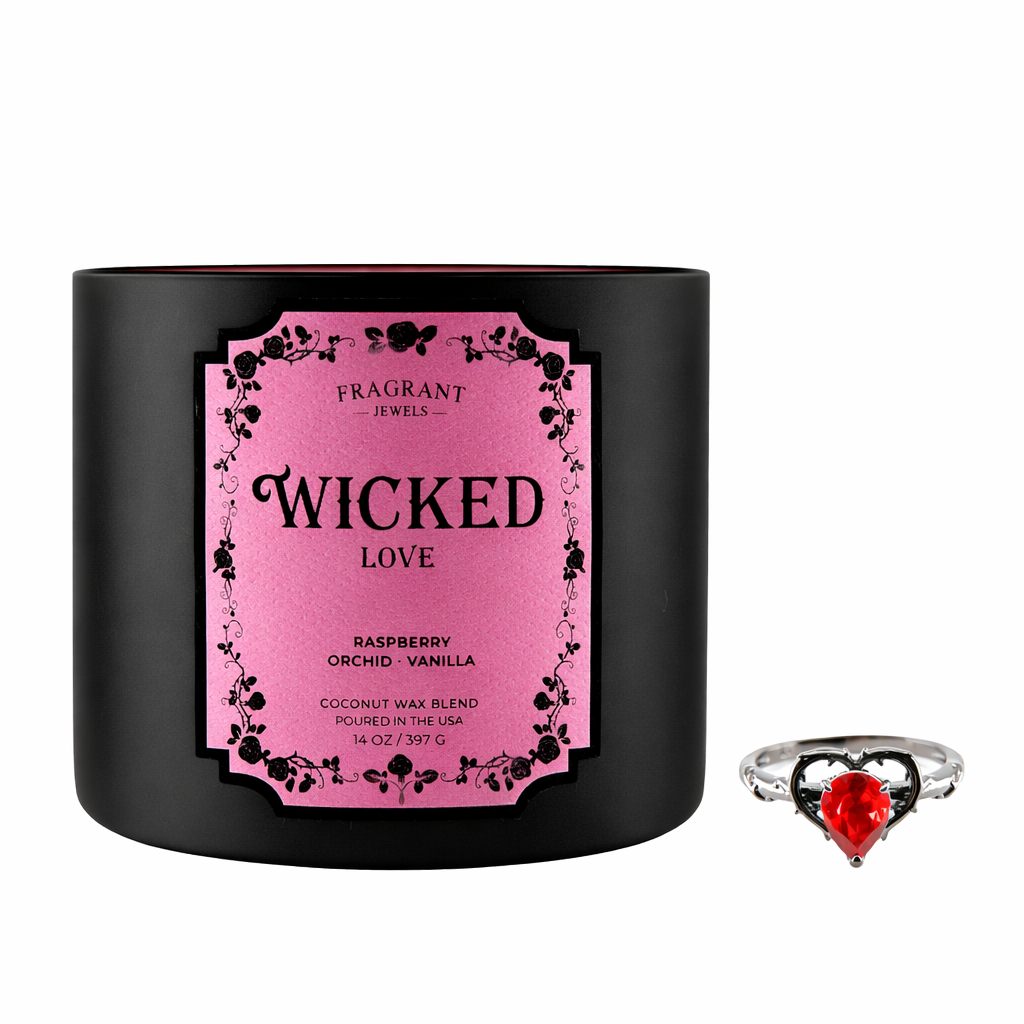 Fragrant Jewels Wicked Love Jewel Candle with a hidden ring inside, featuring a luxurious wax design and romantic scent.