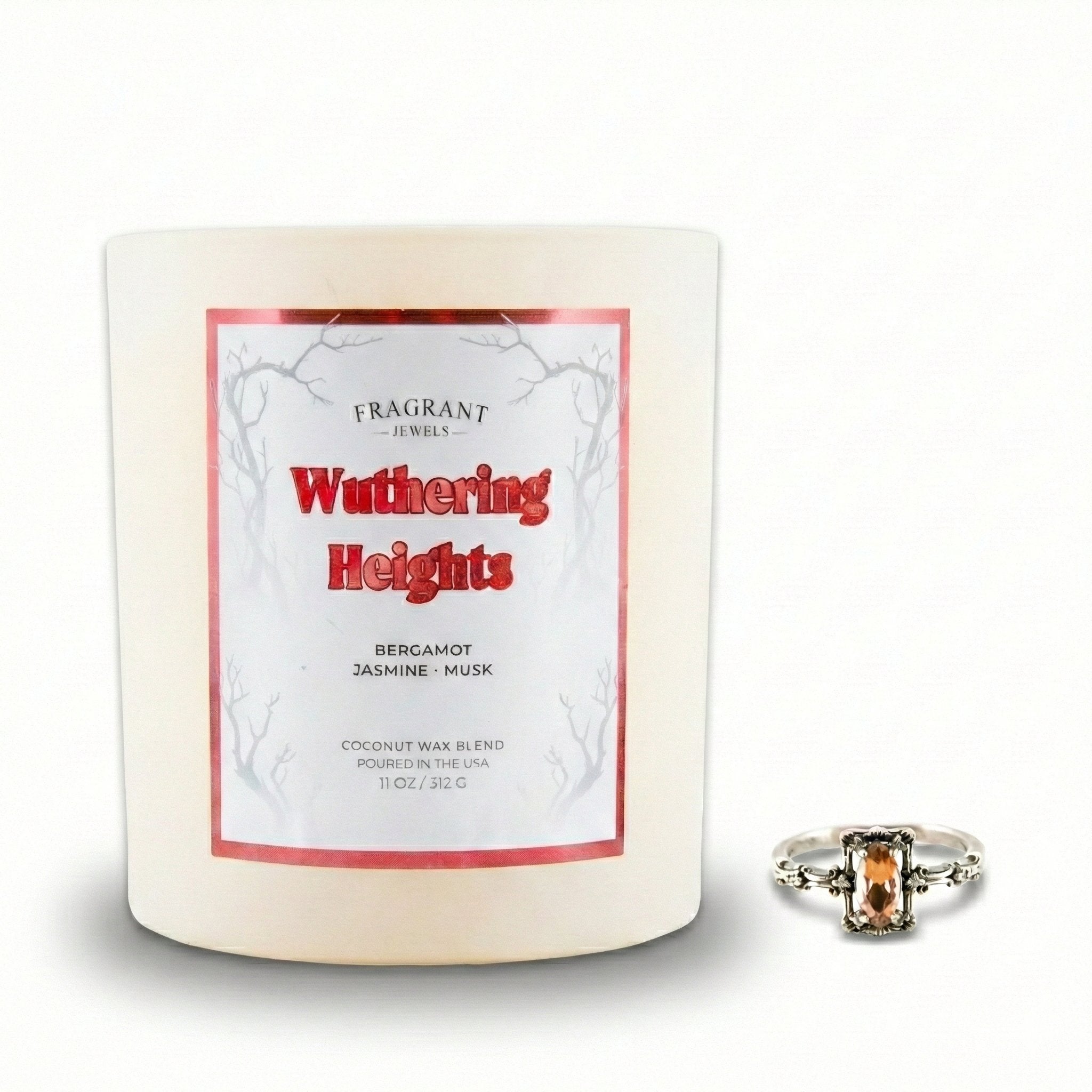 Fragrant Jewels Wuthering Heights Jewel Candle with a decorative ring embedded, featuring a scented candle in a glass jar.
