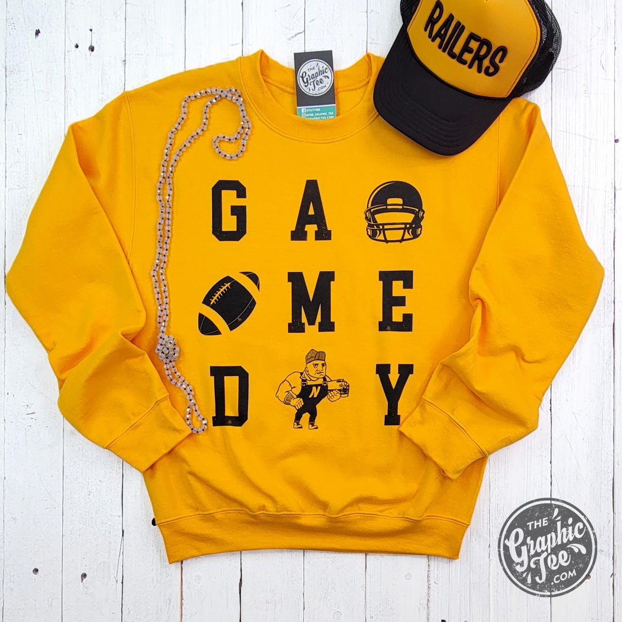 Adult Newton Railers gold crewneck sweatshirt with graphic design, from The Graphic Tee, perfect for game day.