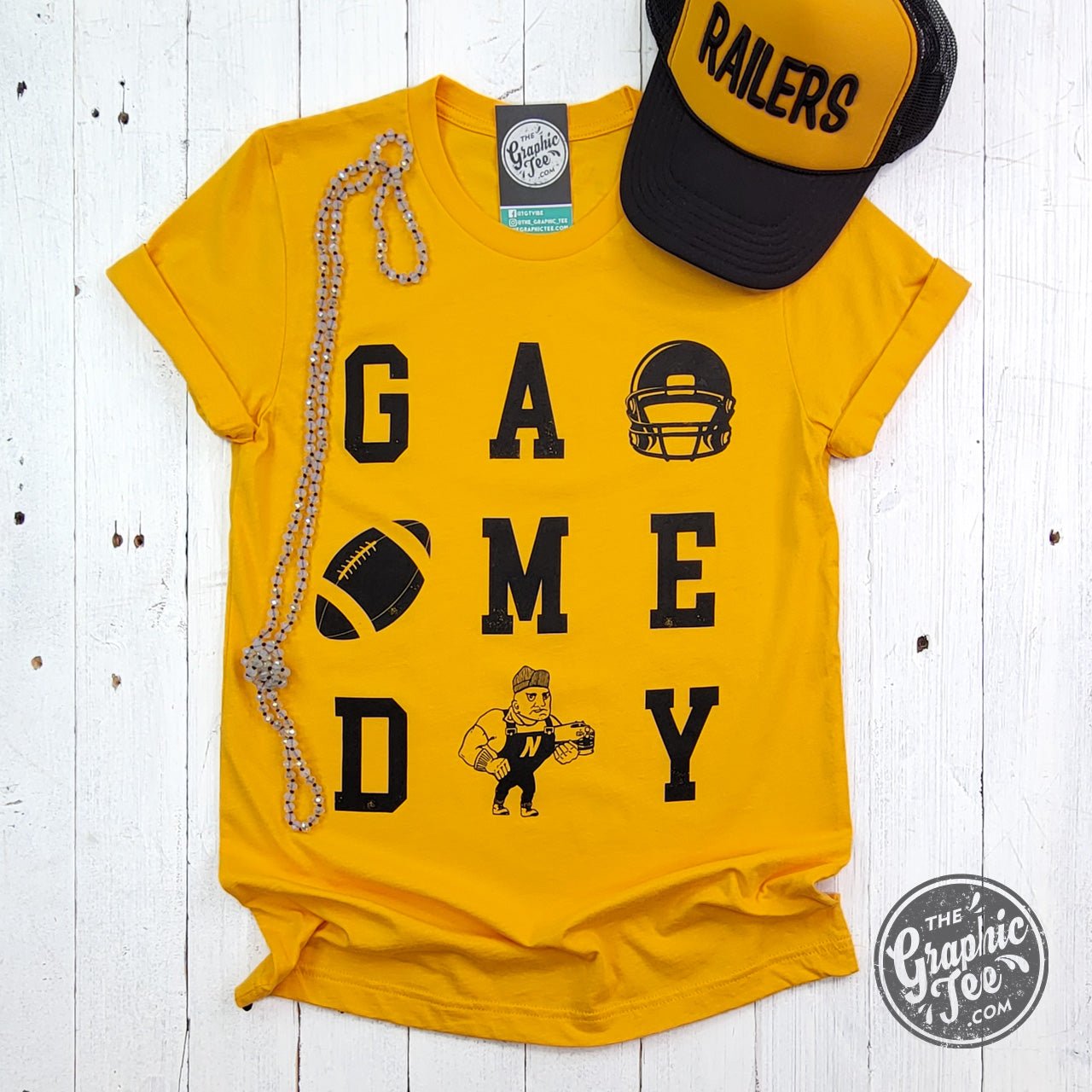Unisex gold short sleeve graphic tee featuring Newton Railers logo for Game Day, by The Graphic Tee.