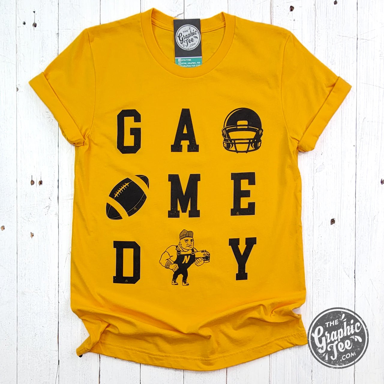 Unisex short sleeve graphic tee in gold with team name "Newton Railers" from The Graphic Tee, perfect for game day.
