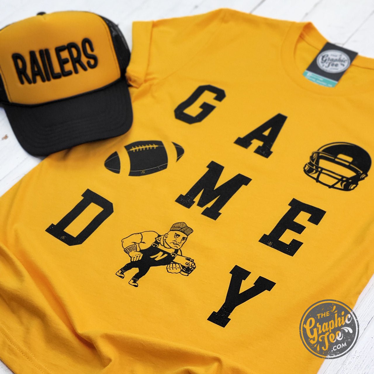 Unisex gold short sleeve graphic tee for game day featuring Newton Railers logo, by The Graphic Tee brand.