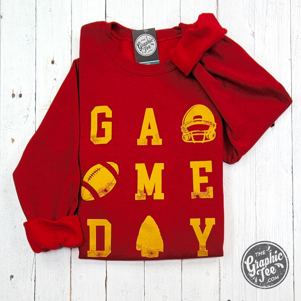 Red and gold KC crewneck sweatshirt from The Graphic Tee featuring a Game Day graphic design, ideal for casual wear.