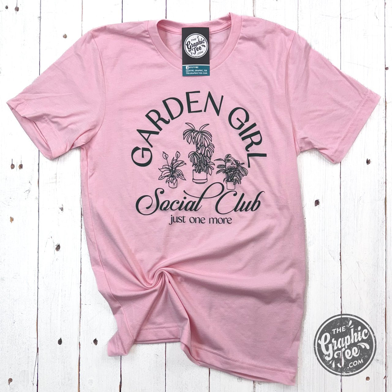 Women's Garden Girl Social Club short sleeve crew neck graphic tee by The Graphic Tee, featuring a vibrant garden-themed design.
