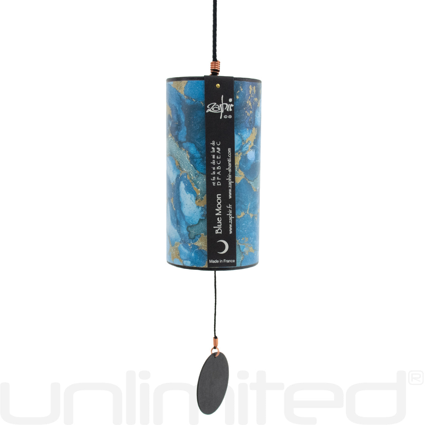 Blue and burgundy Single Zaphir Chime by Gongs Unlimited, featuring a sleek, colorful metal design and a hanging chime for soothing sound.