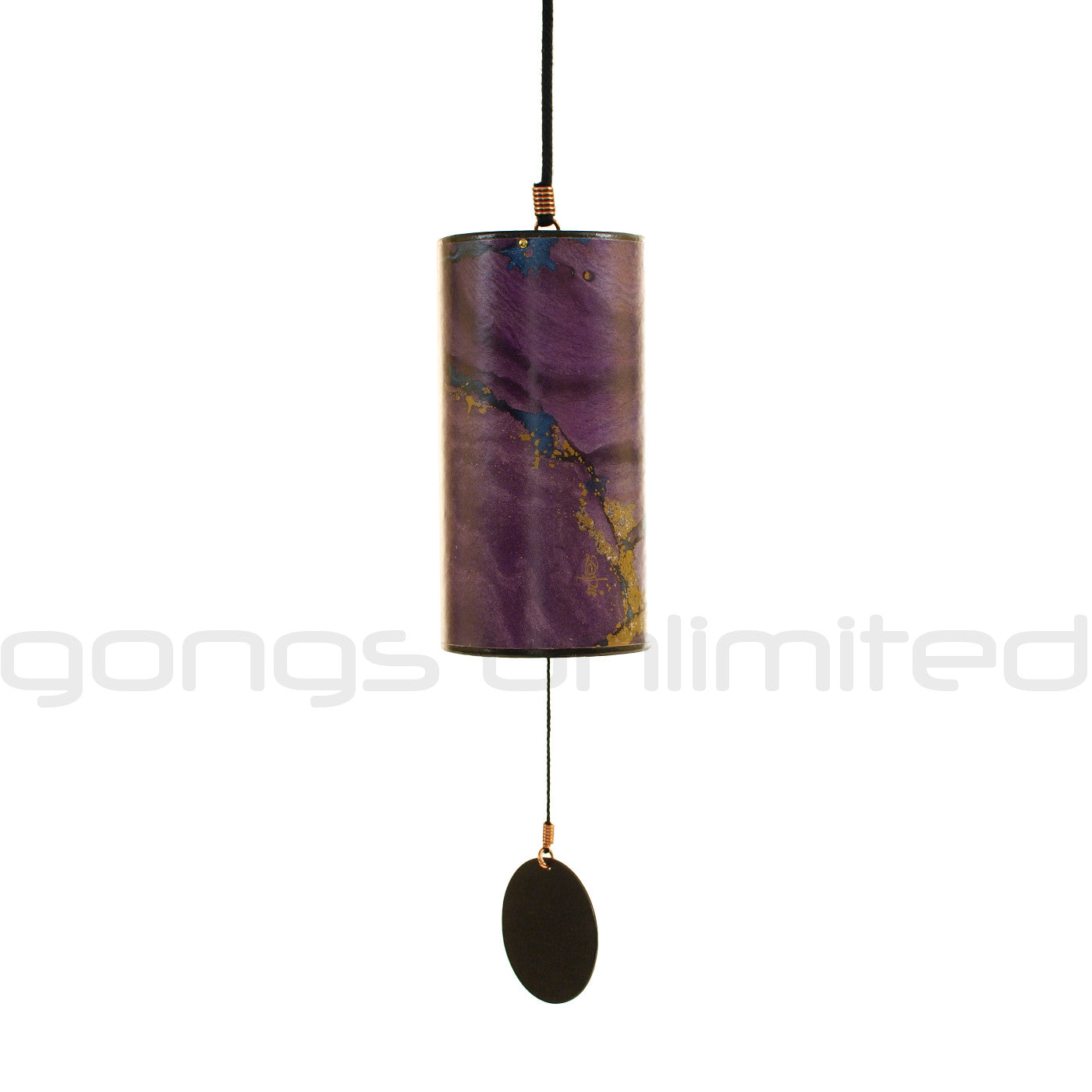 Blue and burgundy Single Zaphir Chimes by Gongs Unlimited, featuring delicate metal tubes hanging from a wooden frame.