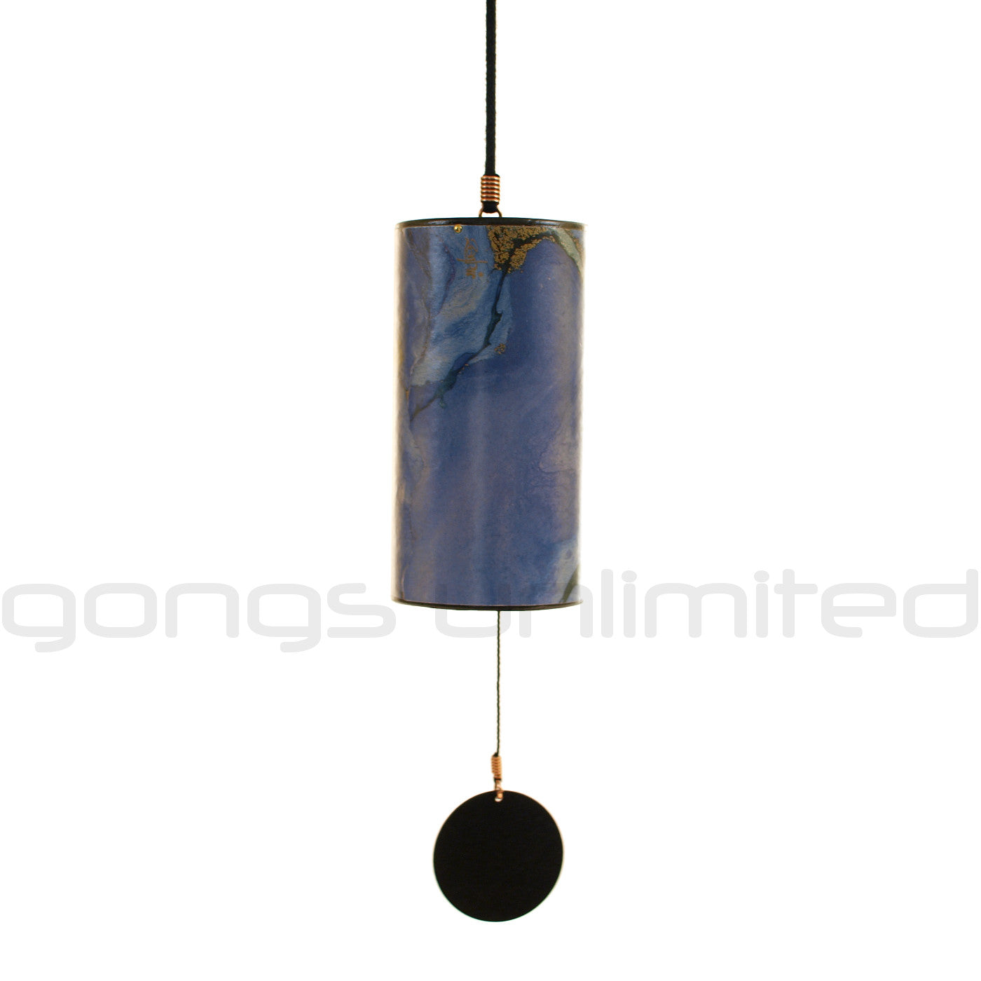Single Zaphir chime from Gongs Unlimited with blue moon and burgundy colors, showcasing its sleek design and handcrafted details.