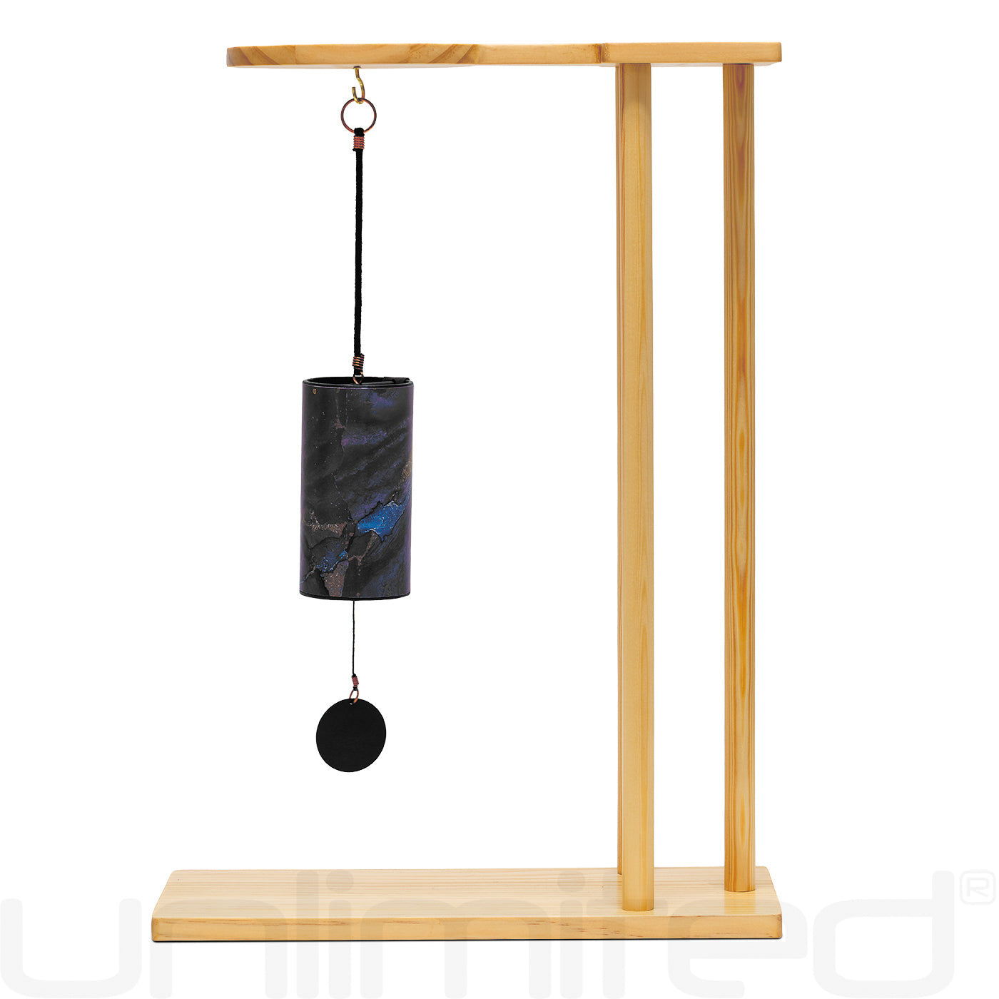 Blue Moon turquoise Zaphir chime from Gongs Unlimited hanging on the Essence stand, showcasing its vibrant color and sleek design.
