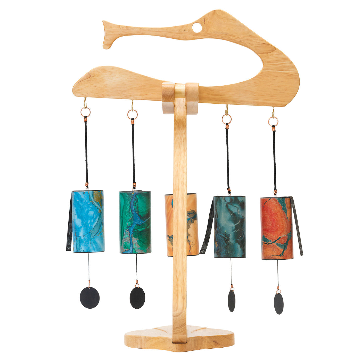 Gongs Unlimited Zaphir Chime Set on stand with Dap Temple Chime, featuring colorful metal chimes and a wooden stand.