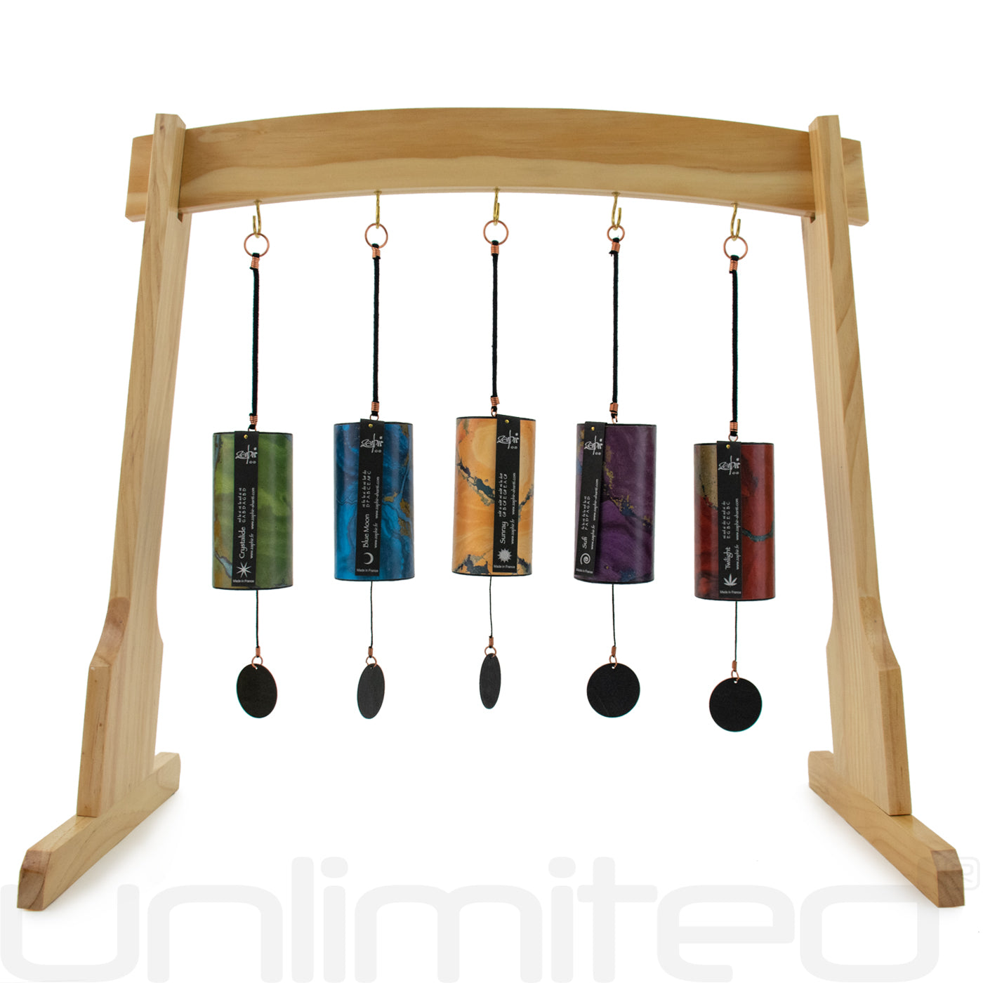 Gongs Unlimited Zaphir Chime Set on a stand with Dap Temple Chime, showcasing polished metal chimes and decorative stand.