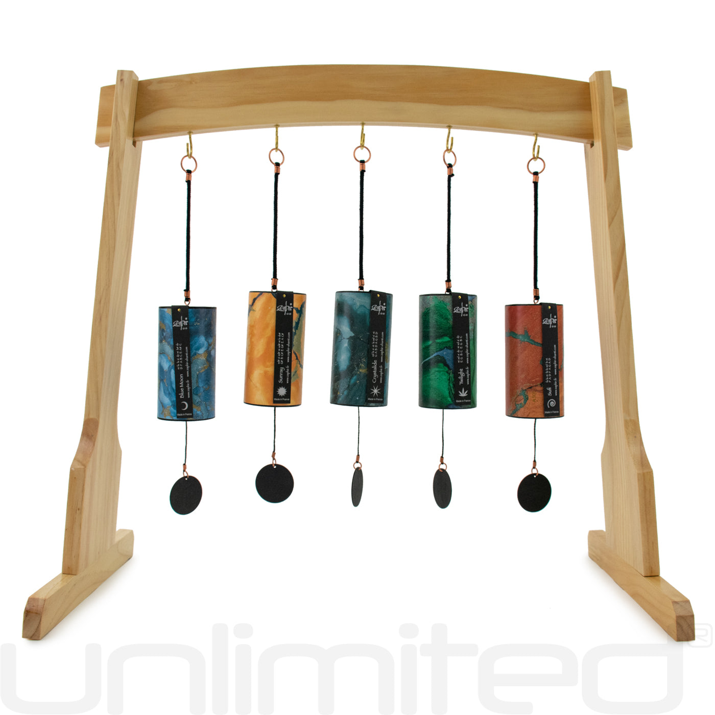 Gongs Unlimited Zaphir Chime Set on stand with Dap Temple Chime, showcasing colorful chimes and wooden stand for meditation or relaxation.