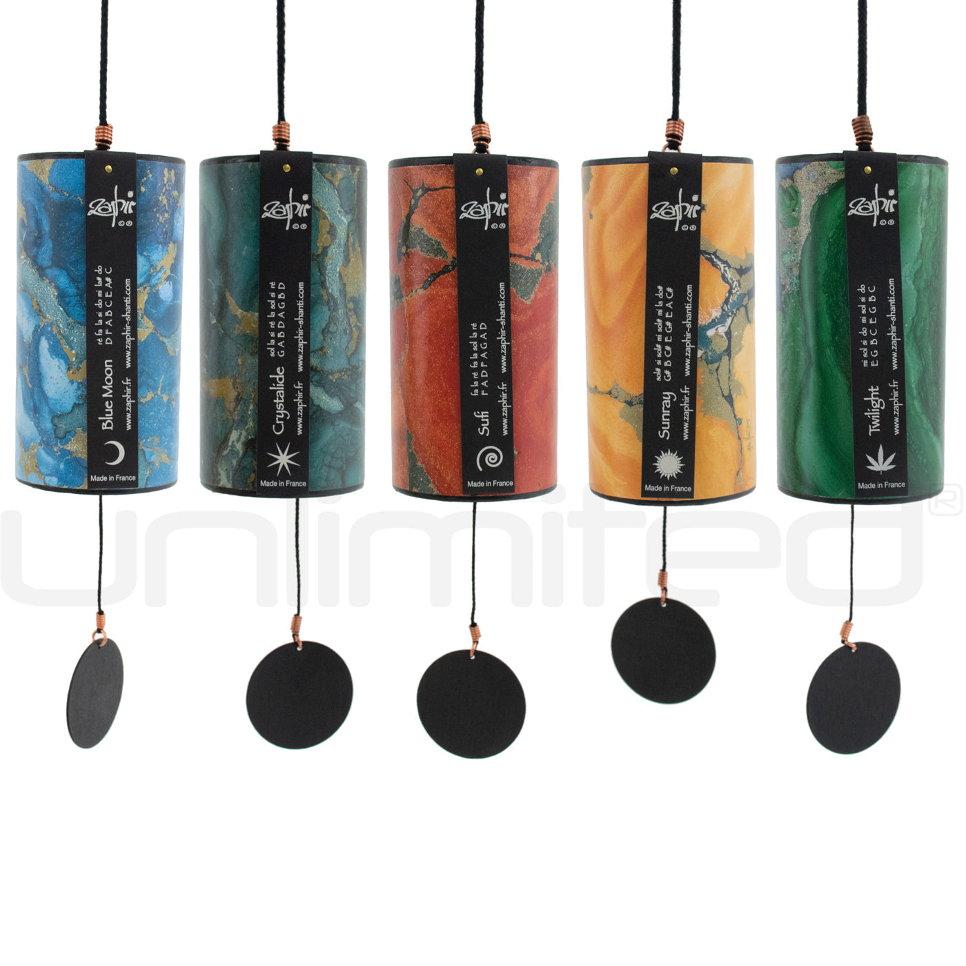 Set of five Zaphir Chime Sets by Gongs Unlimited featuring colorful, handcrafted tuning chimes with wooden mallets.