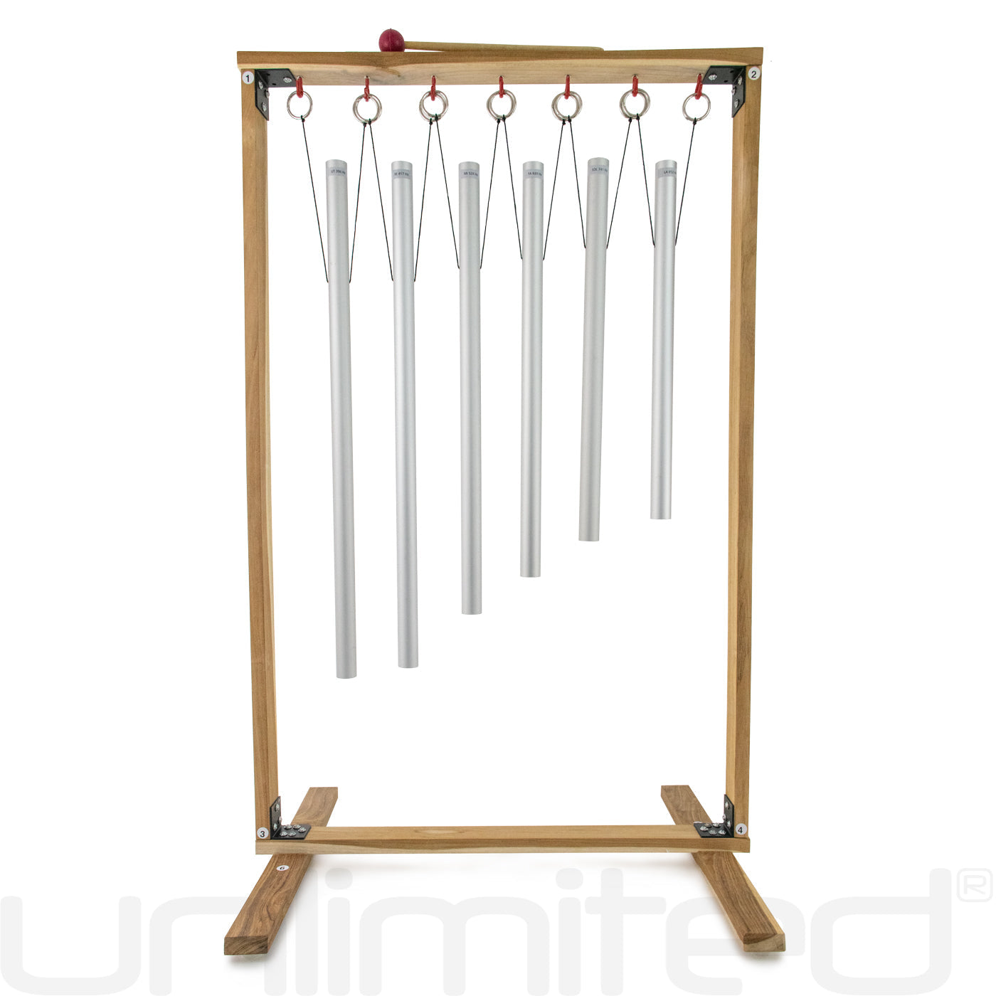 Set of 6 Gongs Unlimited Sacred Solfeggio Tuned Healing Chimes with wooden stand, featuring colorful chime tubes arranged on a stand.