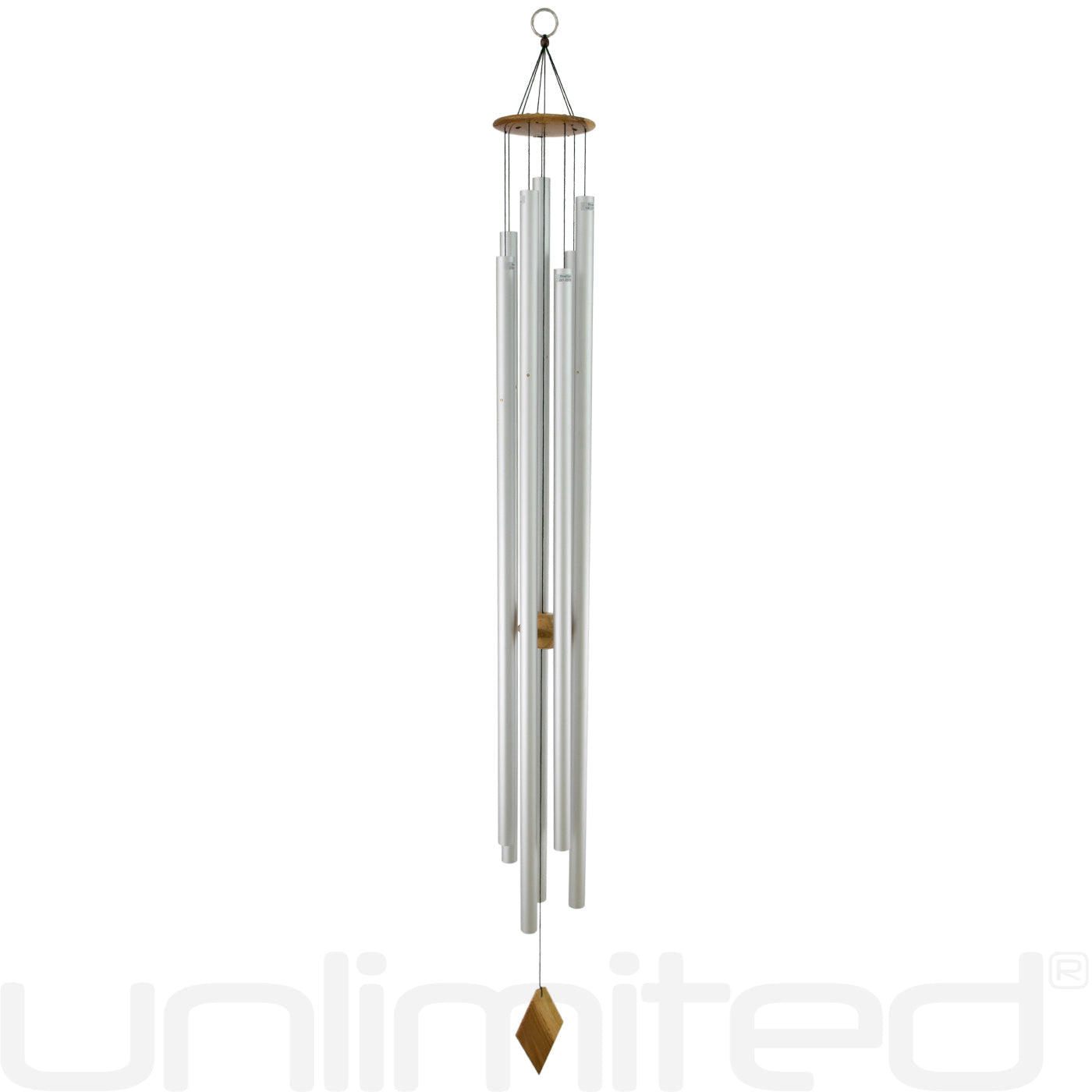 Tuned healing wind chime by Gongs Unlimited featuring colorful chakra symbols and metal tubes for sound healing.