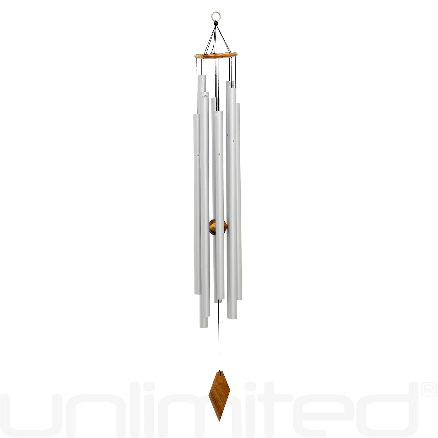 Tuned healing wind chime with metal tubes hanging from a wooden frame, designed for harmonic sound healing by Gongs Unlimited