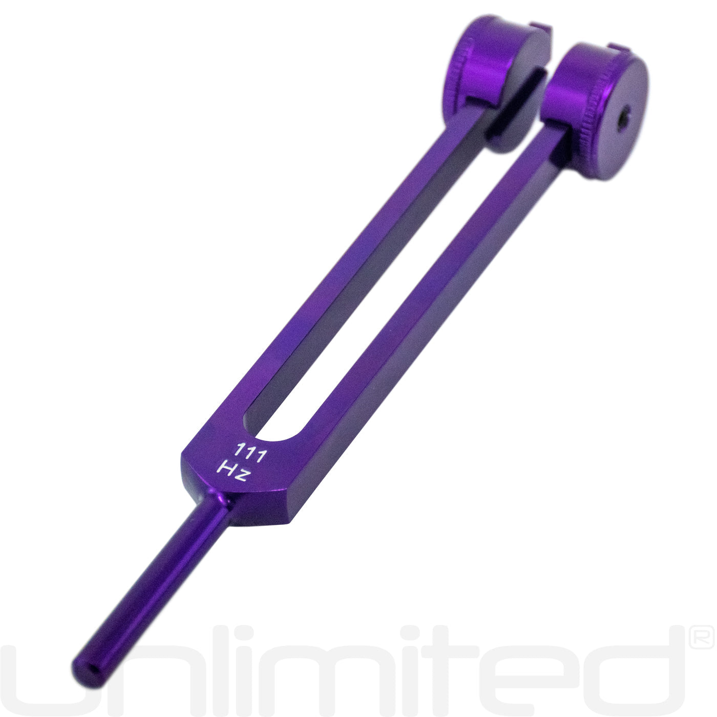 Unlimited 111 Hz weighted tuning fork with activator from Gongs Unlimited, showing the metal tuning fork and attached activator.