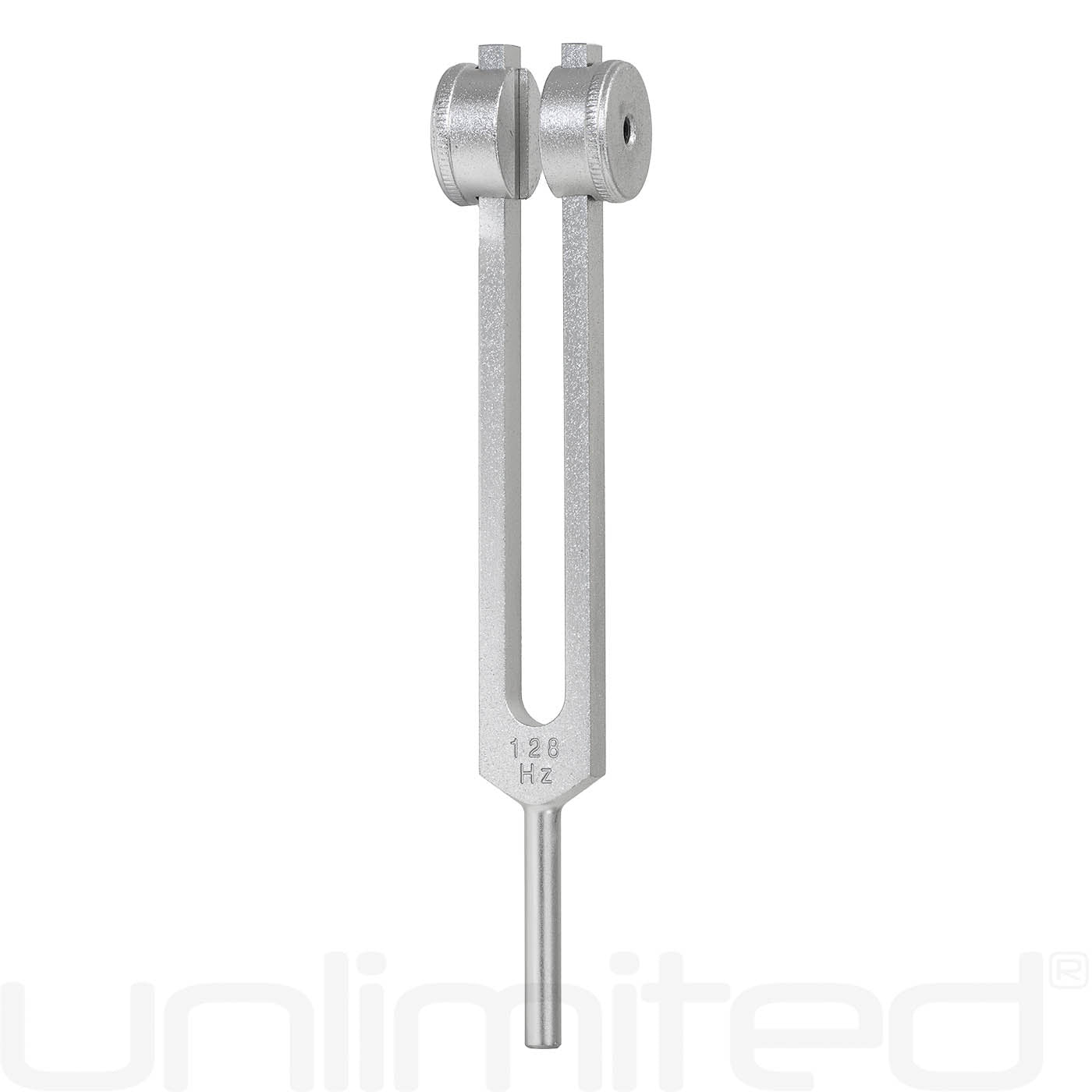Gongs Unlimited 128 Hz weighted tuning fork, metal tool used for sound therapy and tuning musical instruments.