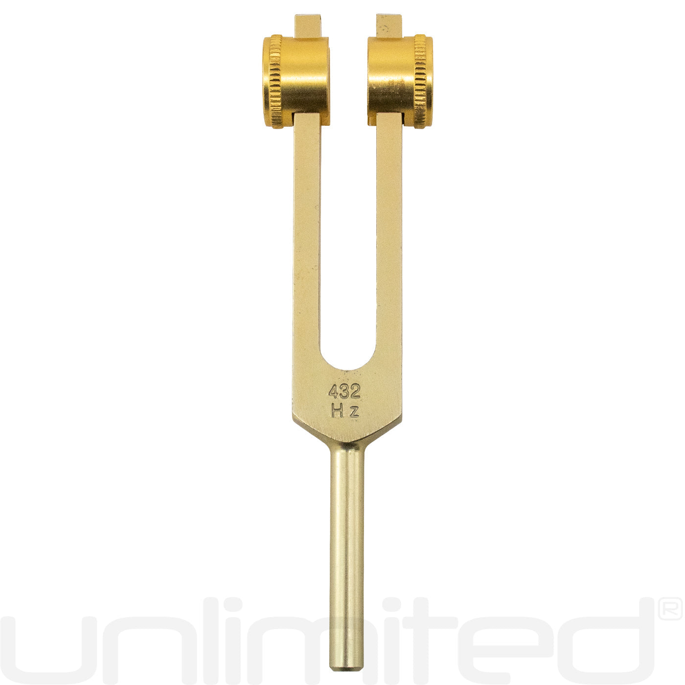 Weighted 432 Hz tuning fork with activator from Gongs Unlimited, shown with handle and sound resonating tips.