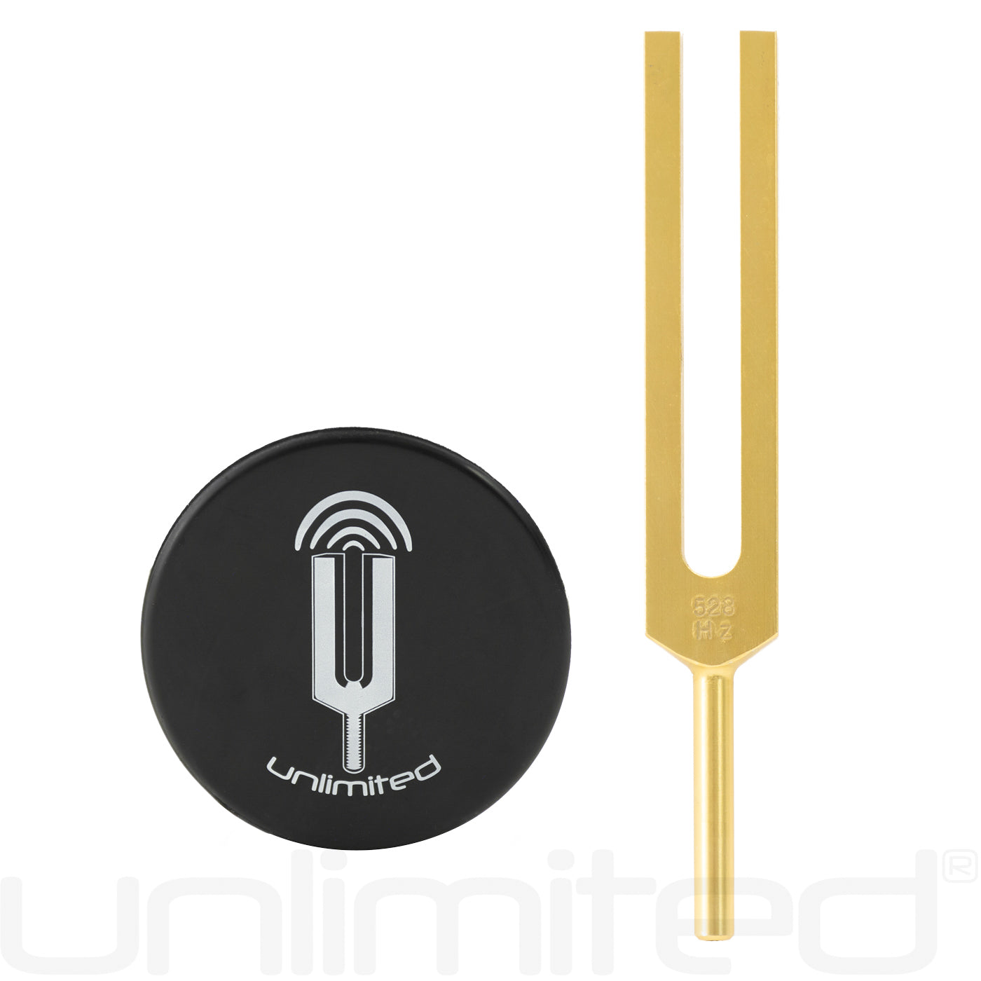 Gongs Unlimited 528 Hz MI DNA Tuning Fork with activator, unweighted, shown with handle and tuning fork in hand.