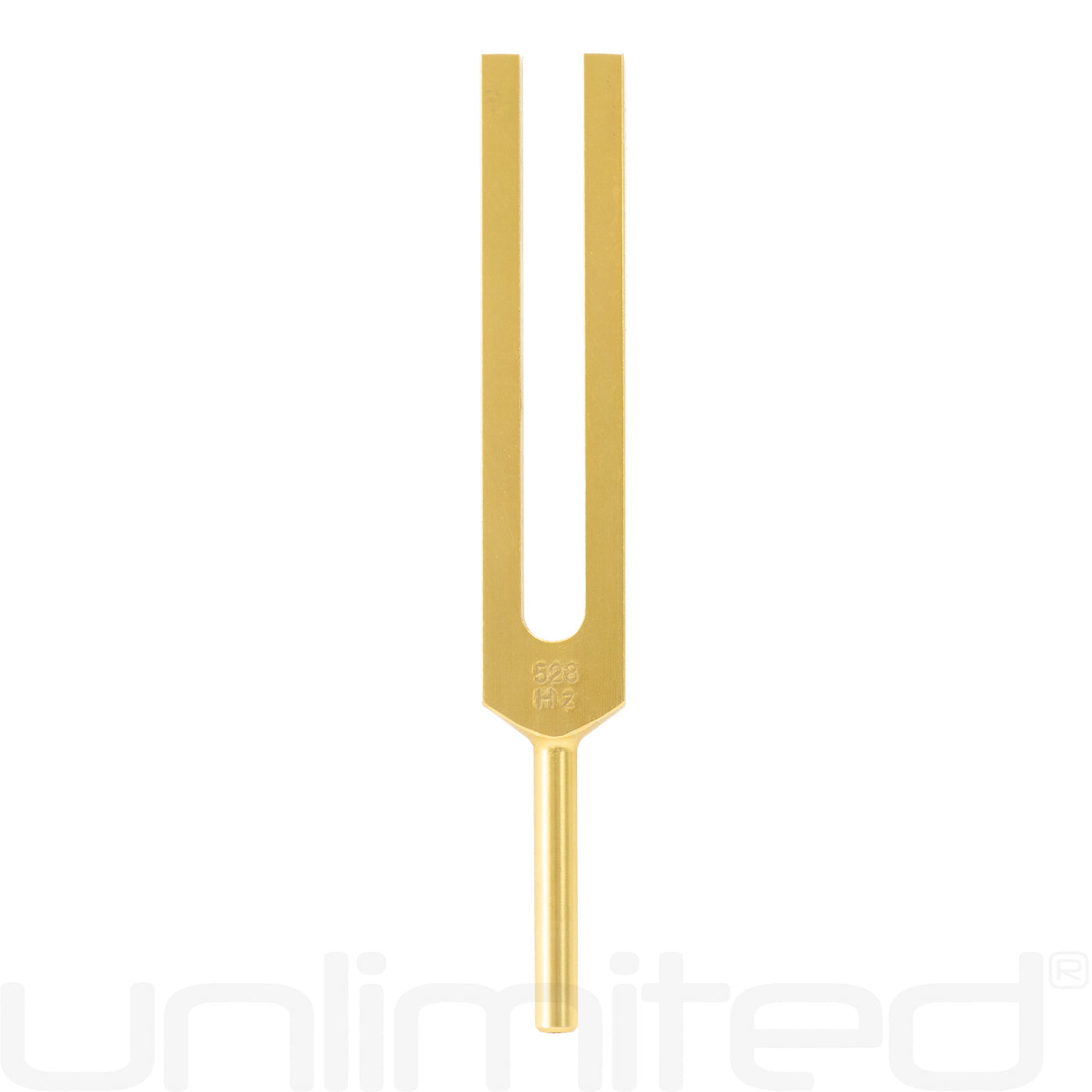 Gongs Unlimited 528 Hz MI DNA Tuning Fork (Unweighted) with activator, showing the sleek metal tuning fork and included activator tool.