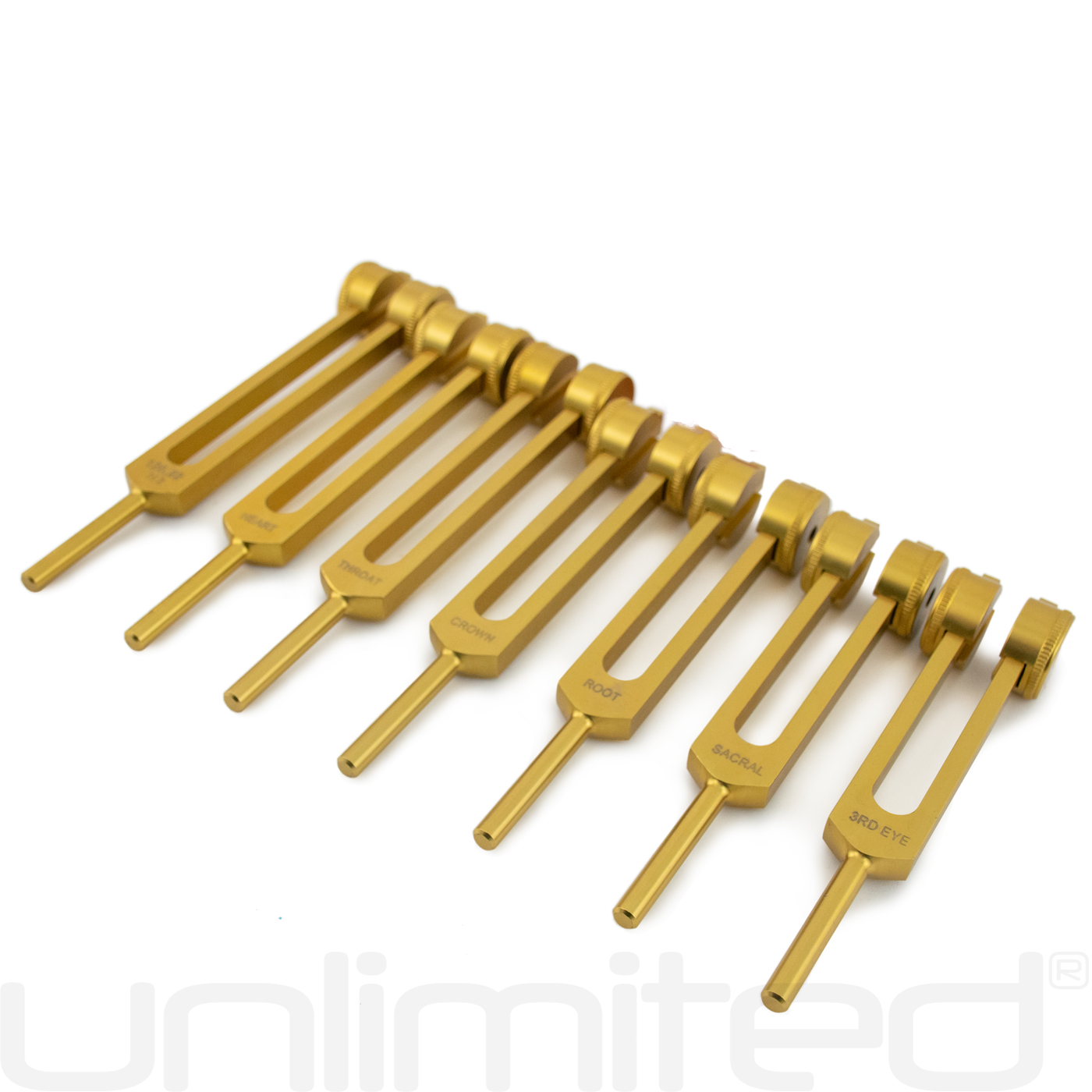 Gongs Unlimited 7 Chakra Tuning Fork Set with Weighted Forks and Activator, used for sound therapy and energy balancing.