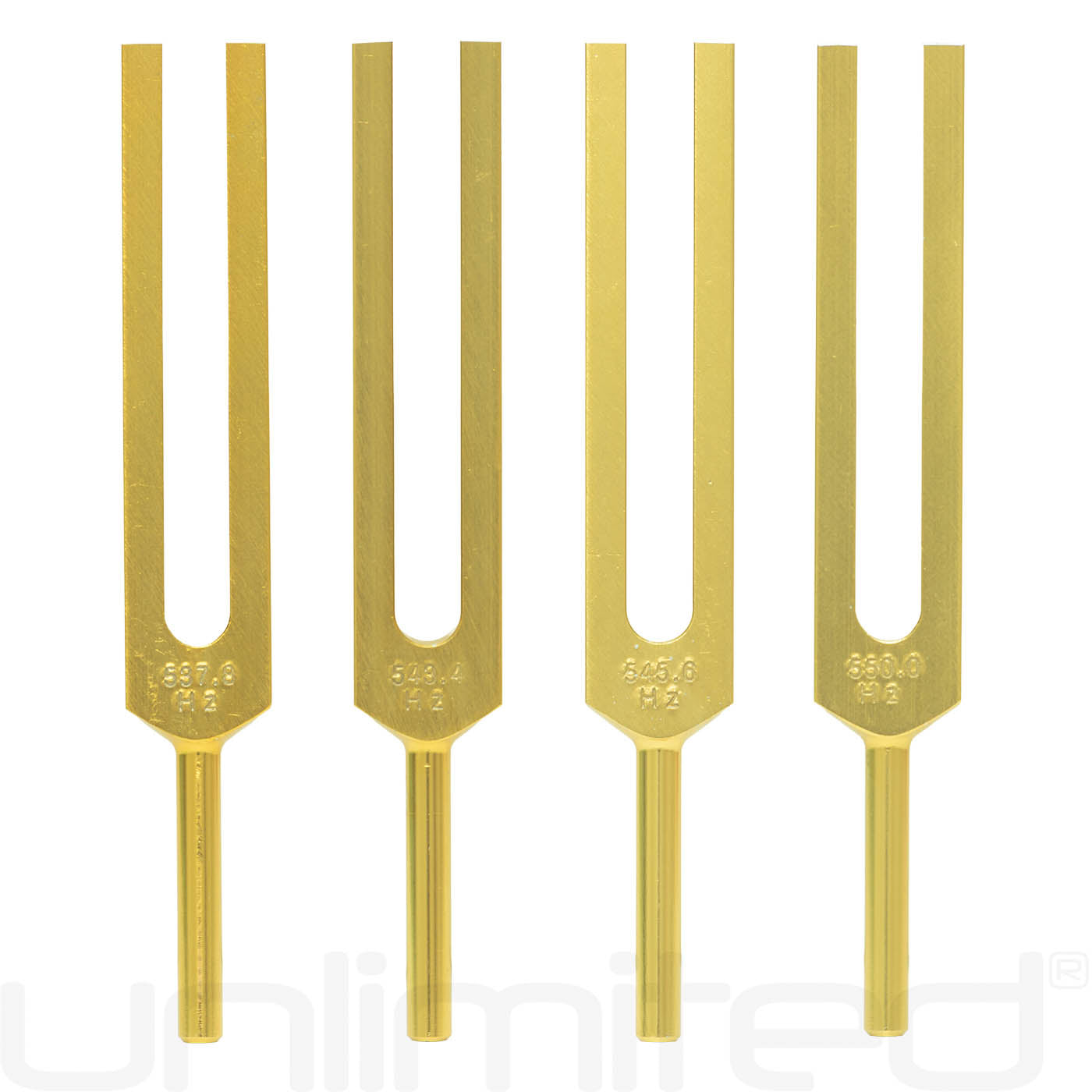 Gongs Unlimited Unlimited DNA Nucleotides Tuning Fork Set, professional sound therapy tuning forks on a plain background.