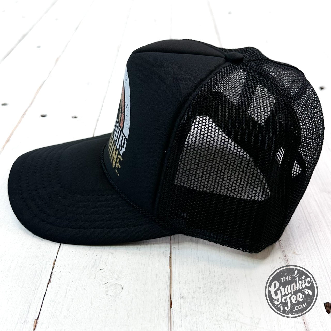 Good Day Sunshine foam trucker cap by The Graphic Tee featuring a bright, colorful design and mesh back for casual style.