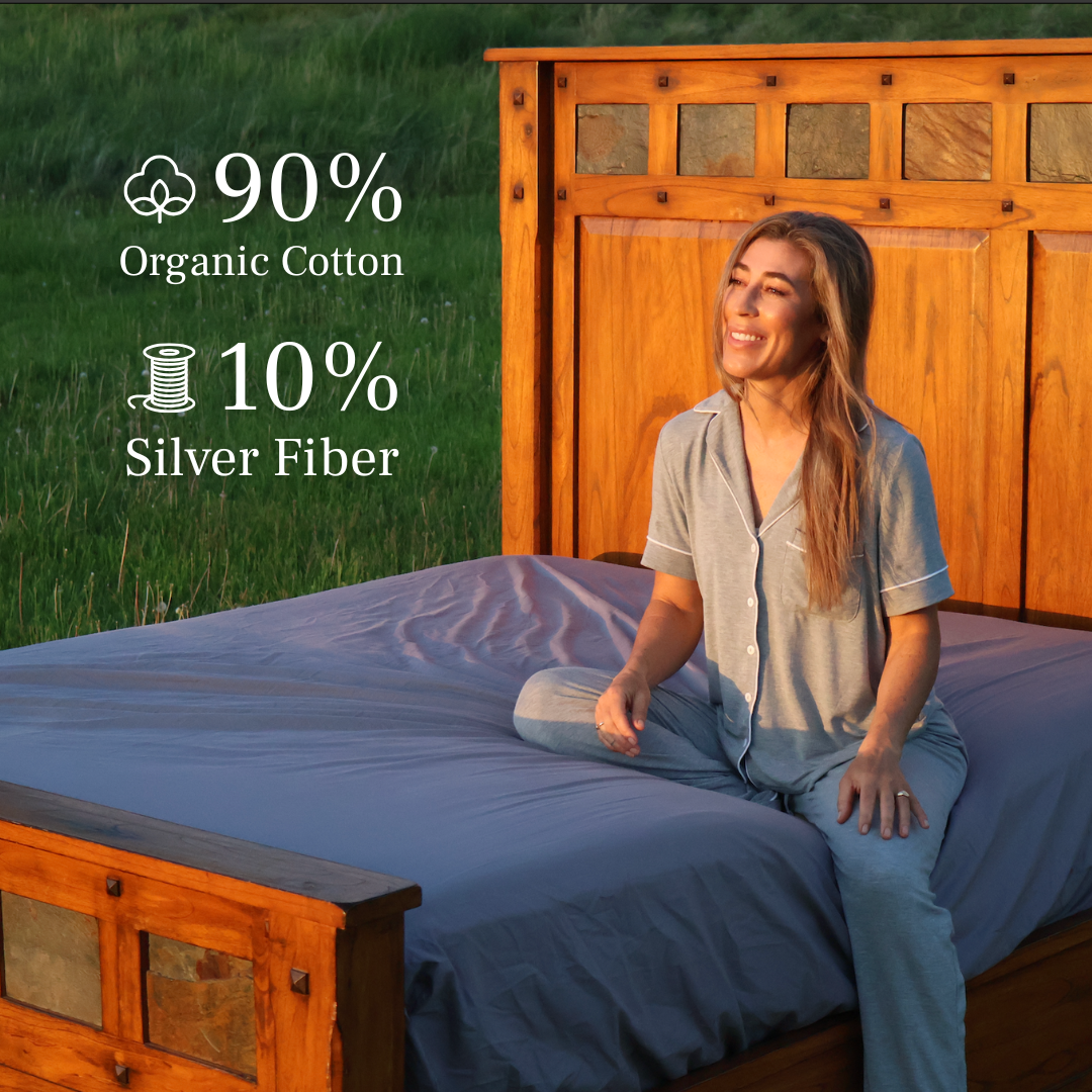 Dark gray GroundLuxe fitted grounding sheet made of organic cotton, king size 80x76 inches, with elastic edges for a snug fit.