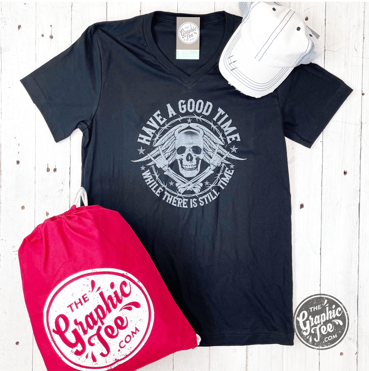 Gray Have a Good Time While There is Still Time V-Neck Tee from The Graphic Tee, featuring a casual graphic design on a soft fabric.