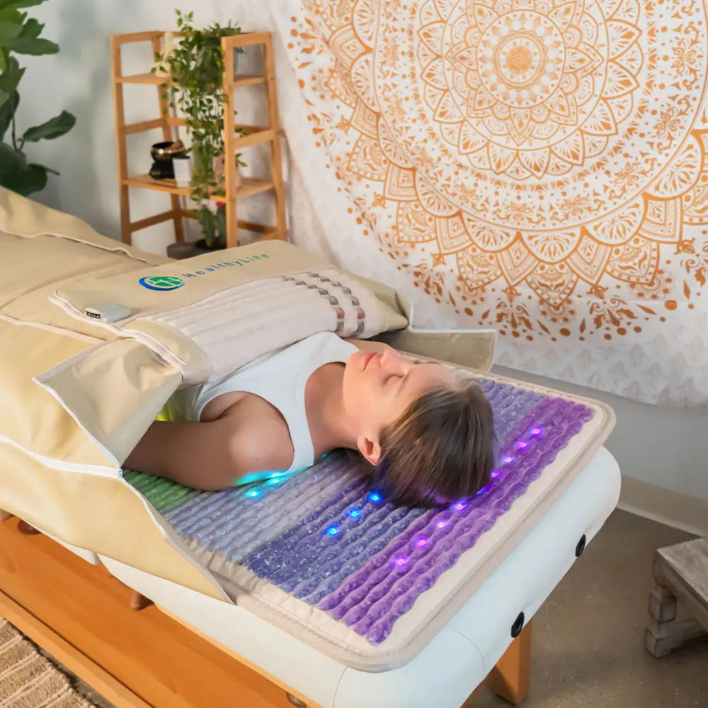HealthyLine Rainbow Chakra 360 Wrap Set heating pad with colorful chakra design, 74x28 inches, for soothing heat therapy.