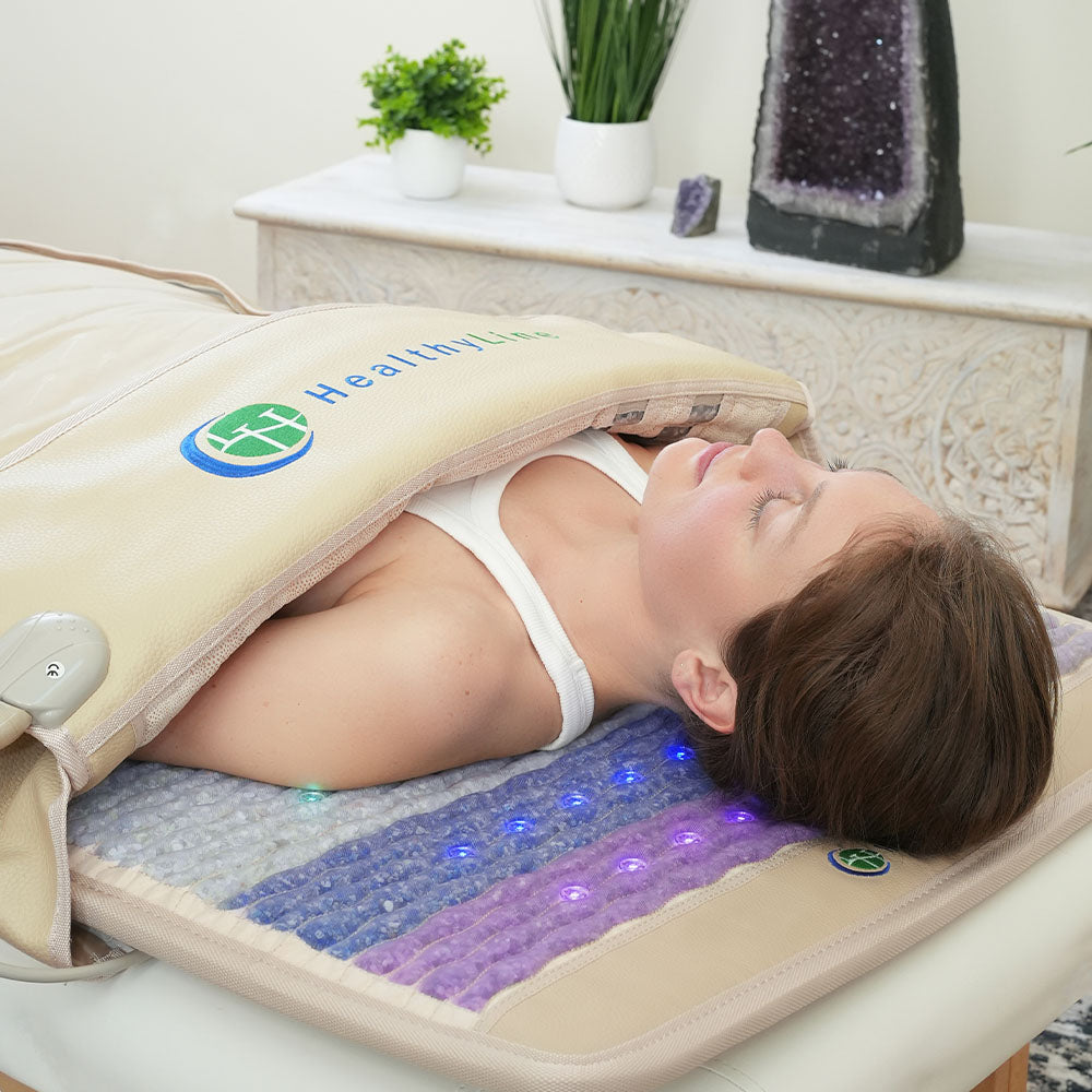 HealthyLine Rainbow Chakra 360 Wrap Set heating pad with colorful chakra design, 74x28 inches, for full-body warmth and relaxation.