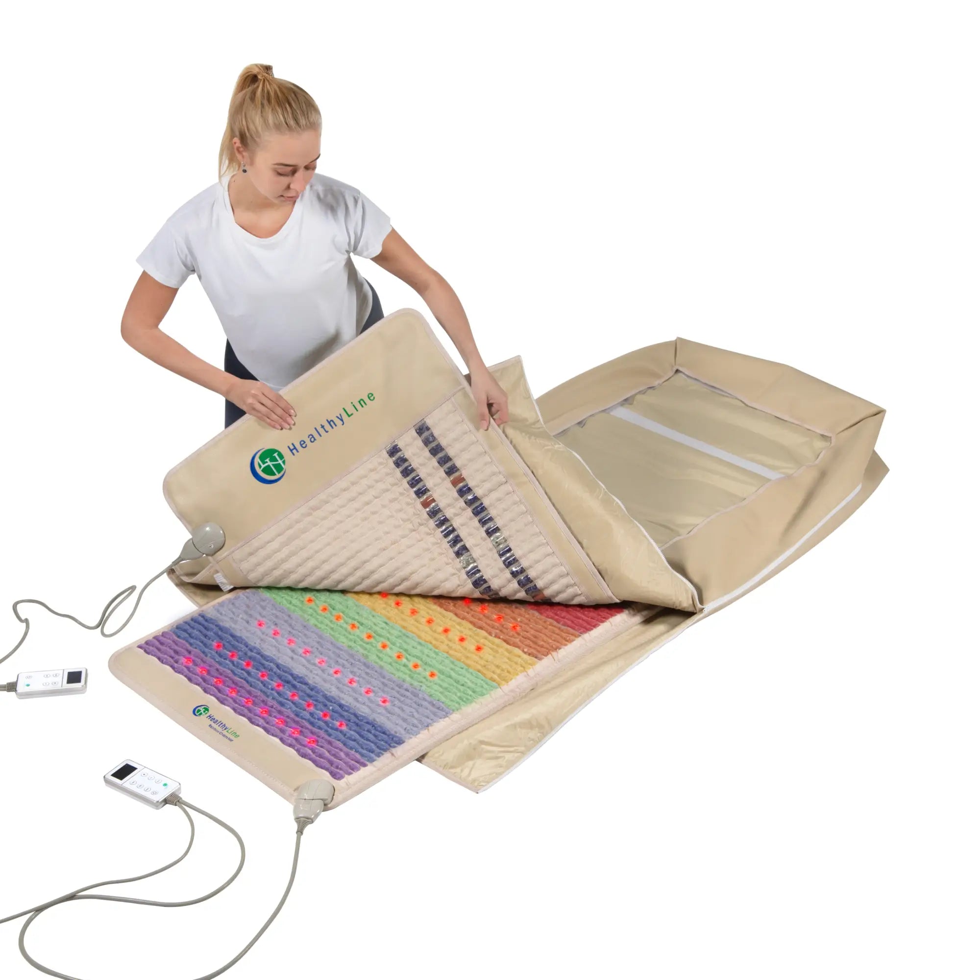 HealthyLine Rainbow Chakra 360 Wrap Set heating pad with colorful chakra design, 74x28 inches for full-body warmth and relaxation.