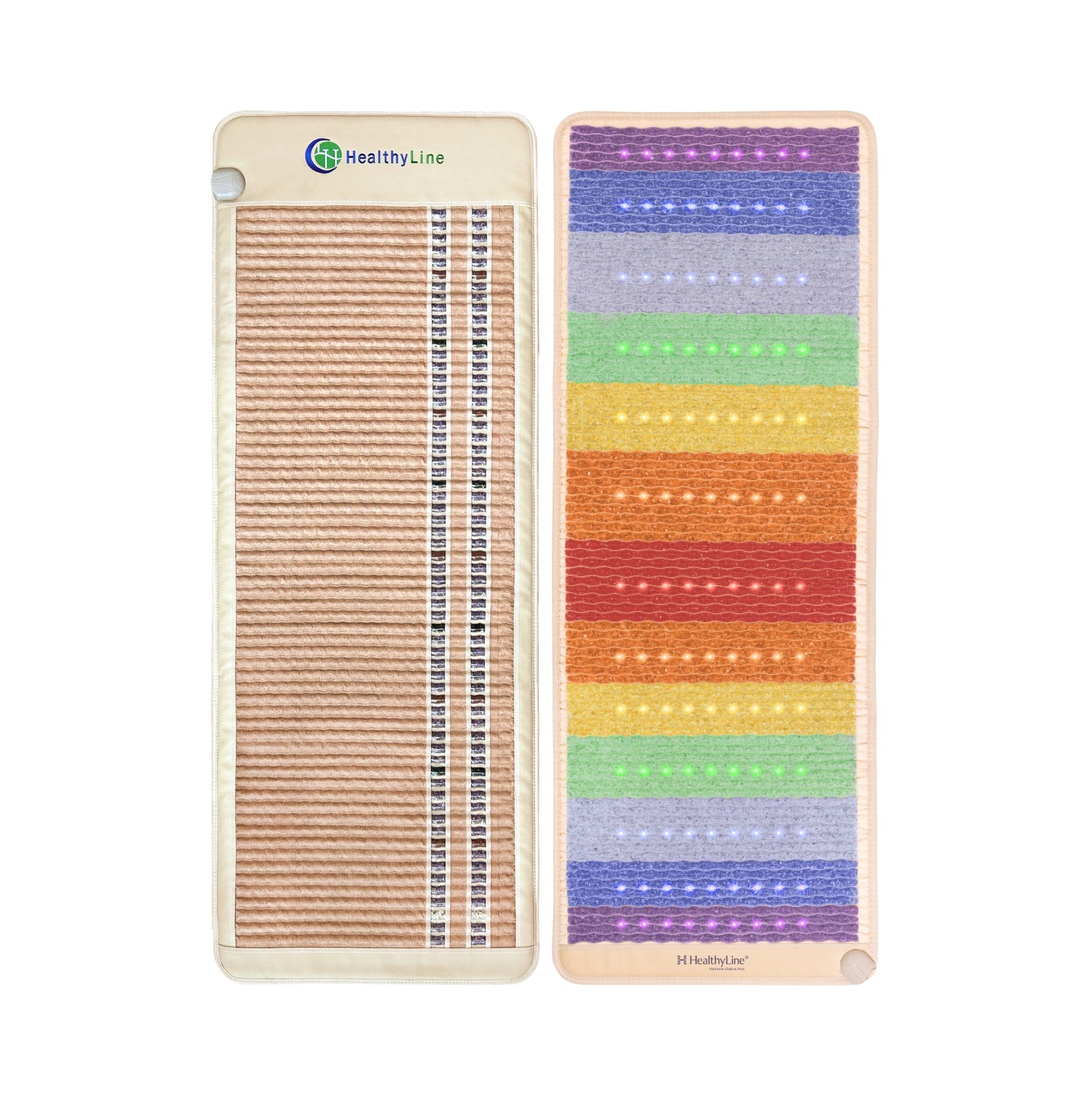 HealthyLine Rainbow Chakra 360 Wrap Set heating pad shown with colorful chakra design and adjustable straps, 74 x 28 inches.