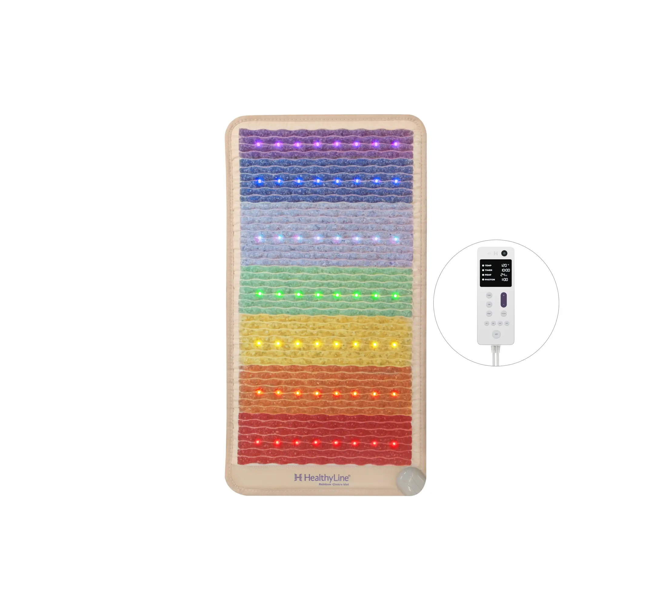HealthyLine Rainbow Chakra Series PEMF Far Infrared Heating Mat, 74x28-inch heating pad with colorful chakra design and infrared technology.