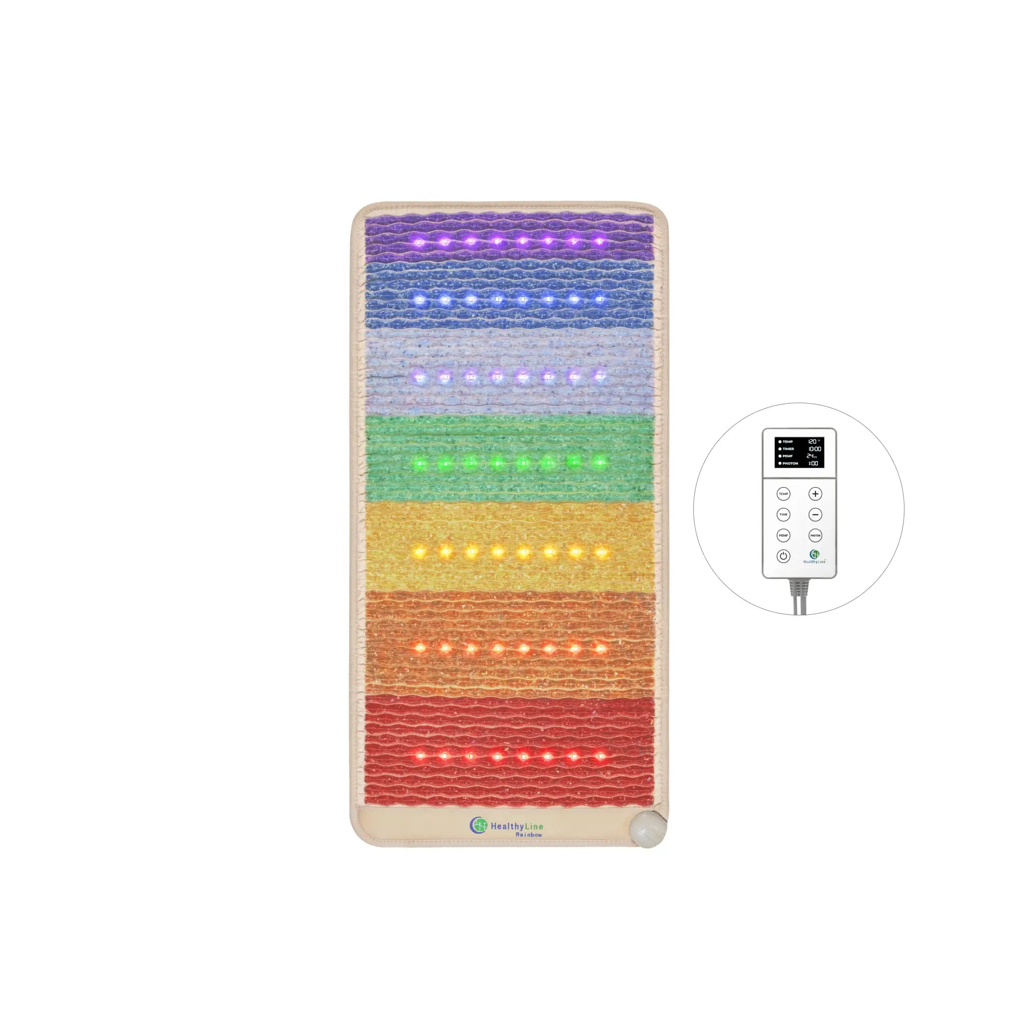 HealthyLine Rainbow Chakra Series PEMF Far Infrared Heating Pad, 74x28 inches, third edition, designed for full-body warmth and chakra healing.