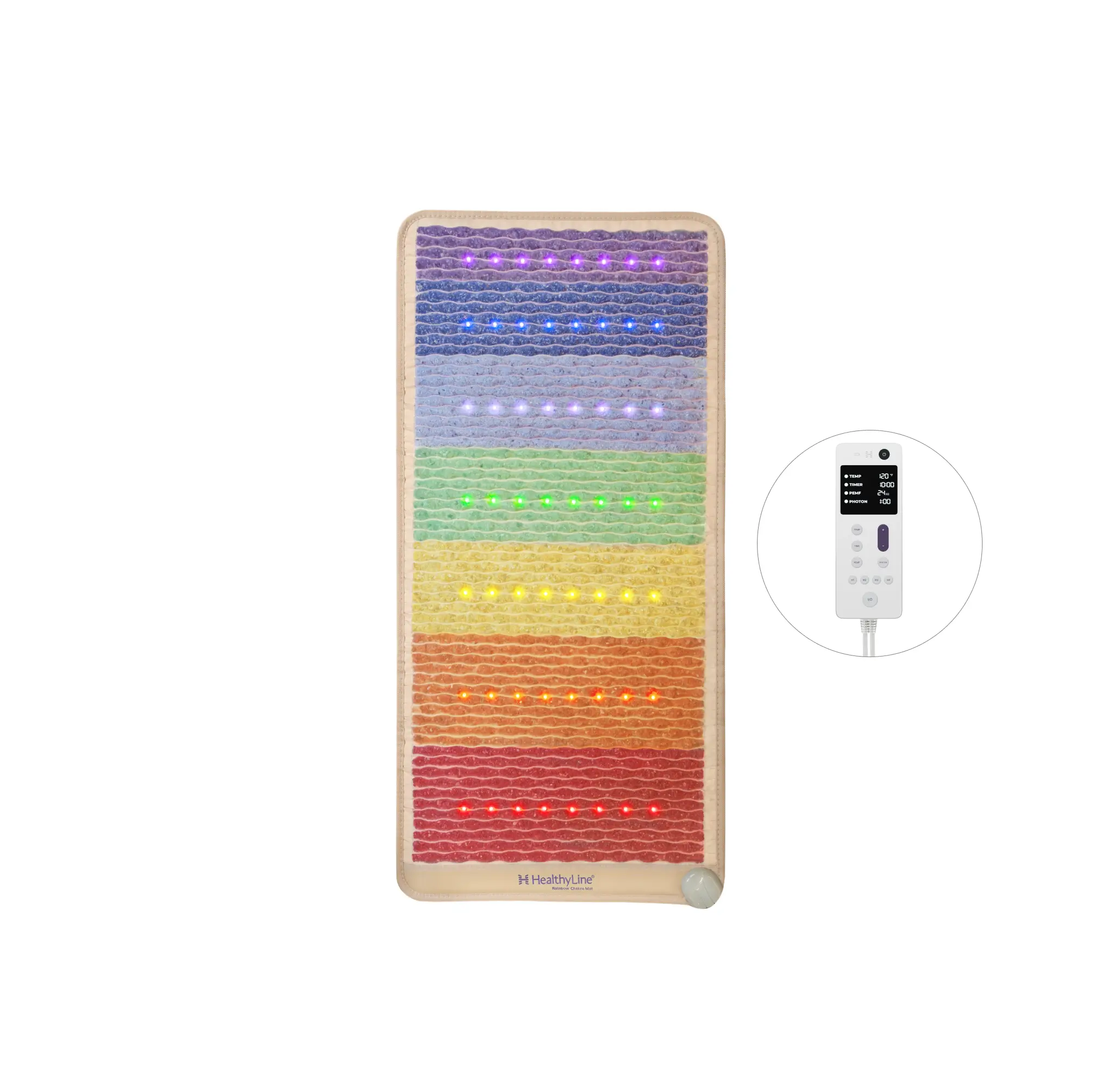 HealthyLine Rainbow Chakra Series PEMF far infrared heating pad, 74x28 inches, designed for therapeutic heat and chakra balancing.