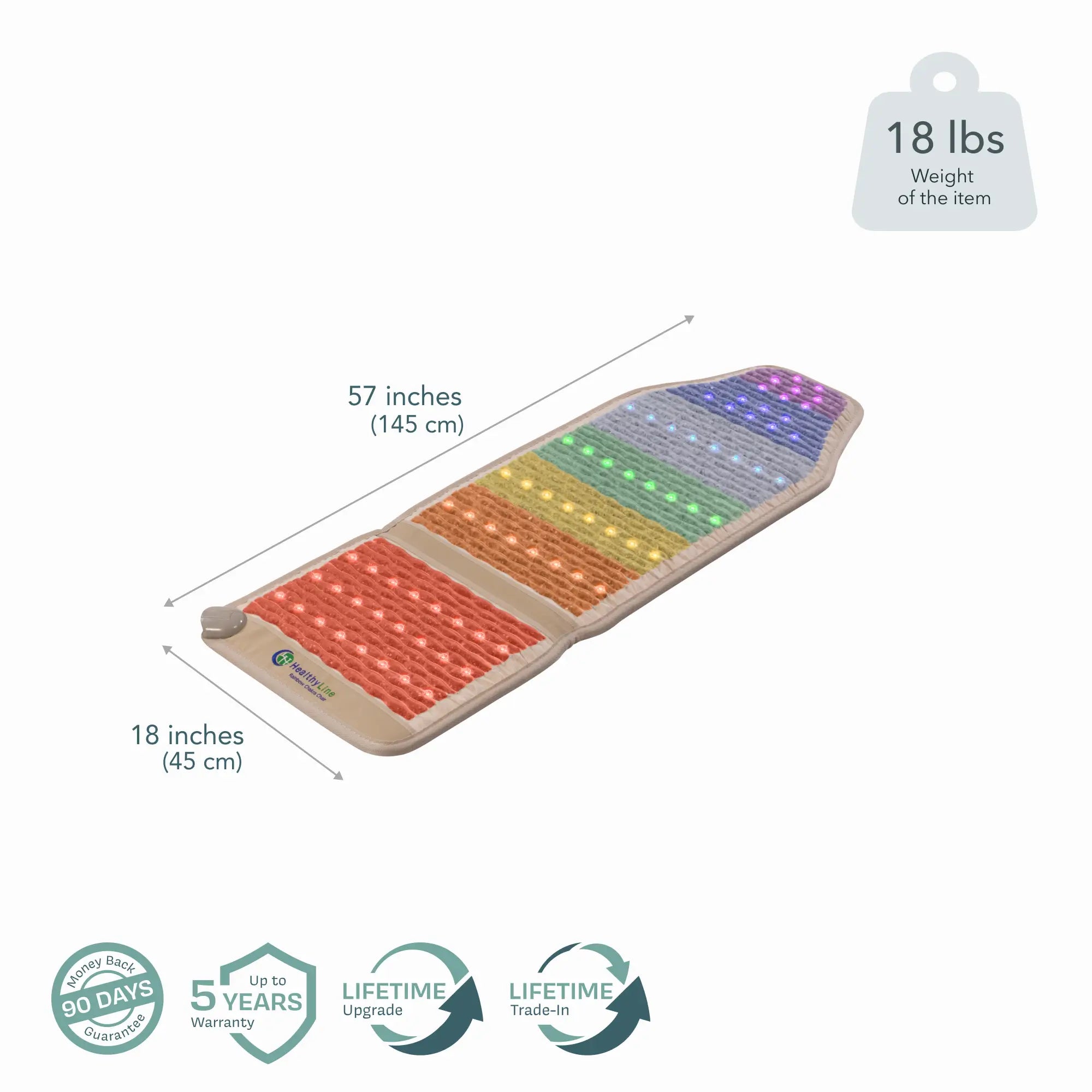 HealthyLine Rainbow Chakra Series PEMF Far Infrared Heating Pad, 74x28 inches, vibrant rainbow design on a black heating mat.