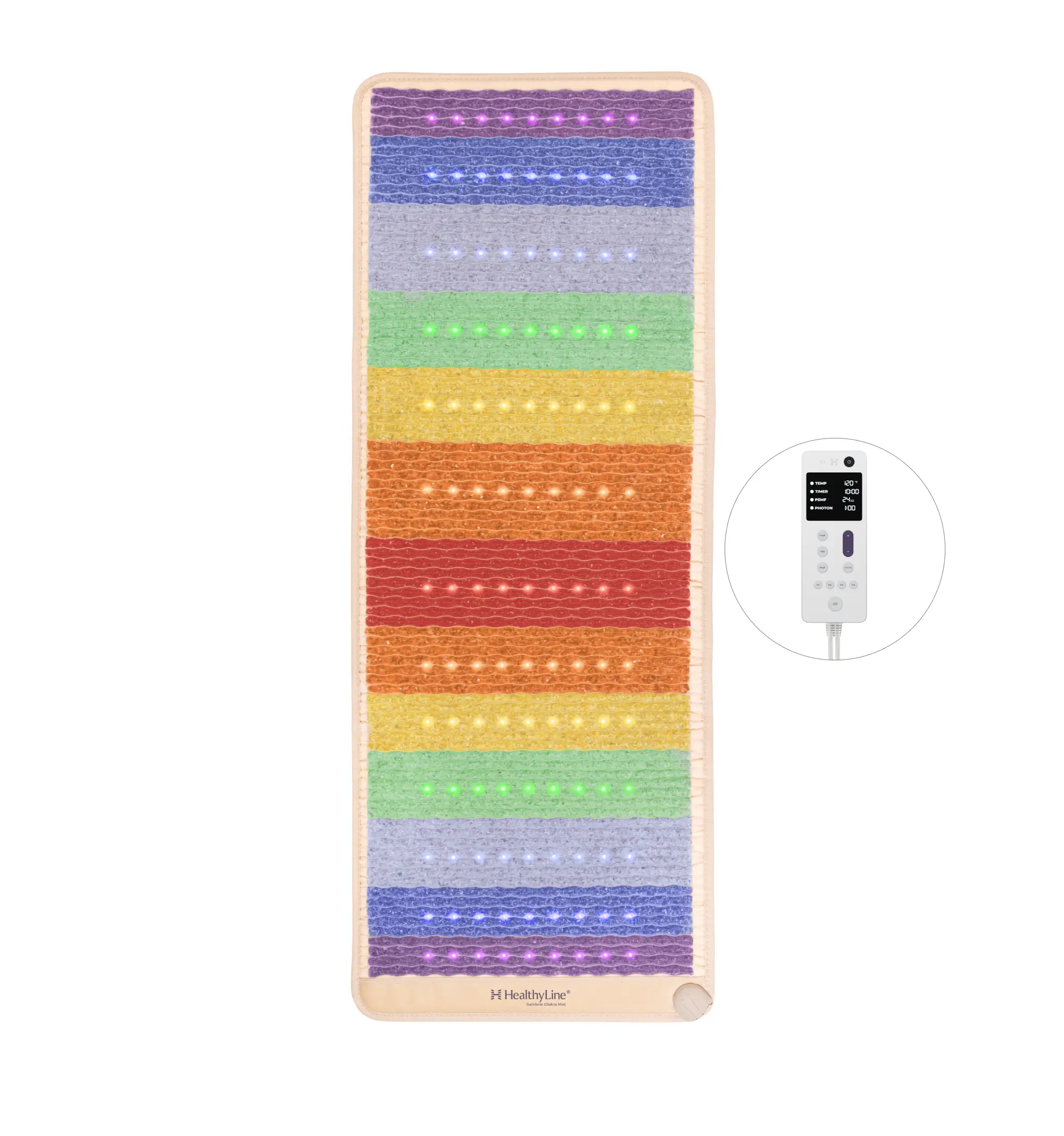 HealthyLine Rainbow Chakra Series PEMF Far Infrared Heating Pad, 74x28 inches, third edition with colorful chakra design.