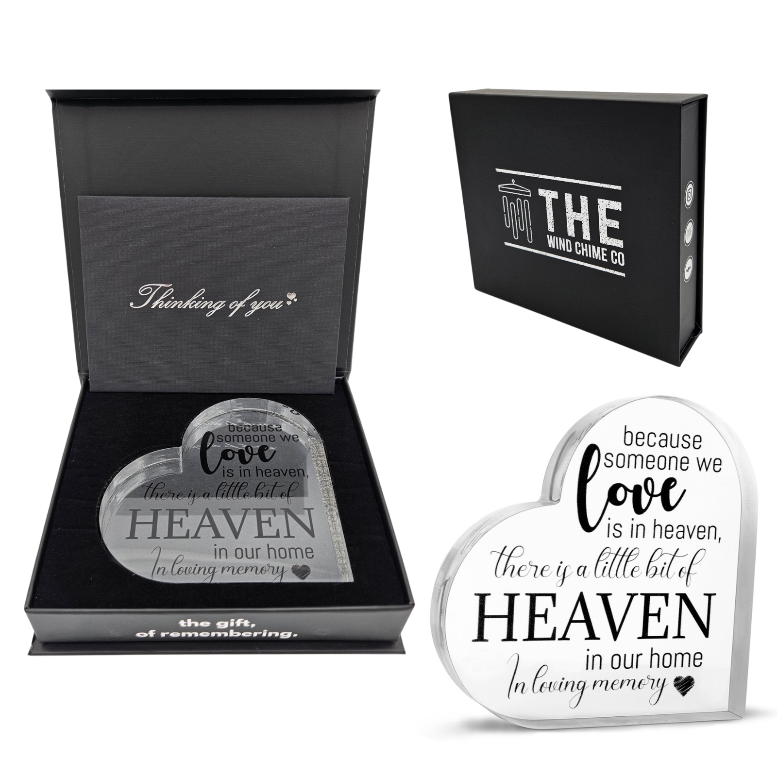 Acrylic memorial heart with "Heaven In Our Home" inscription in a gift box, designed by The Wind Chime Co, for remembrance and comfort.