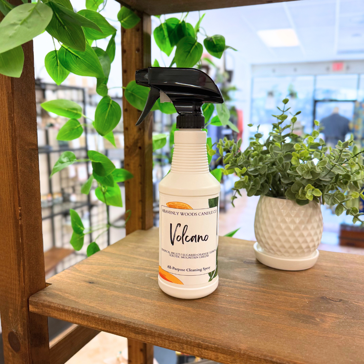 Volcano All-Purpose Cleaning Spray by Heavenly Woods Candle Co, clear spray bottle with label, designed for household cleaning.
