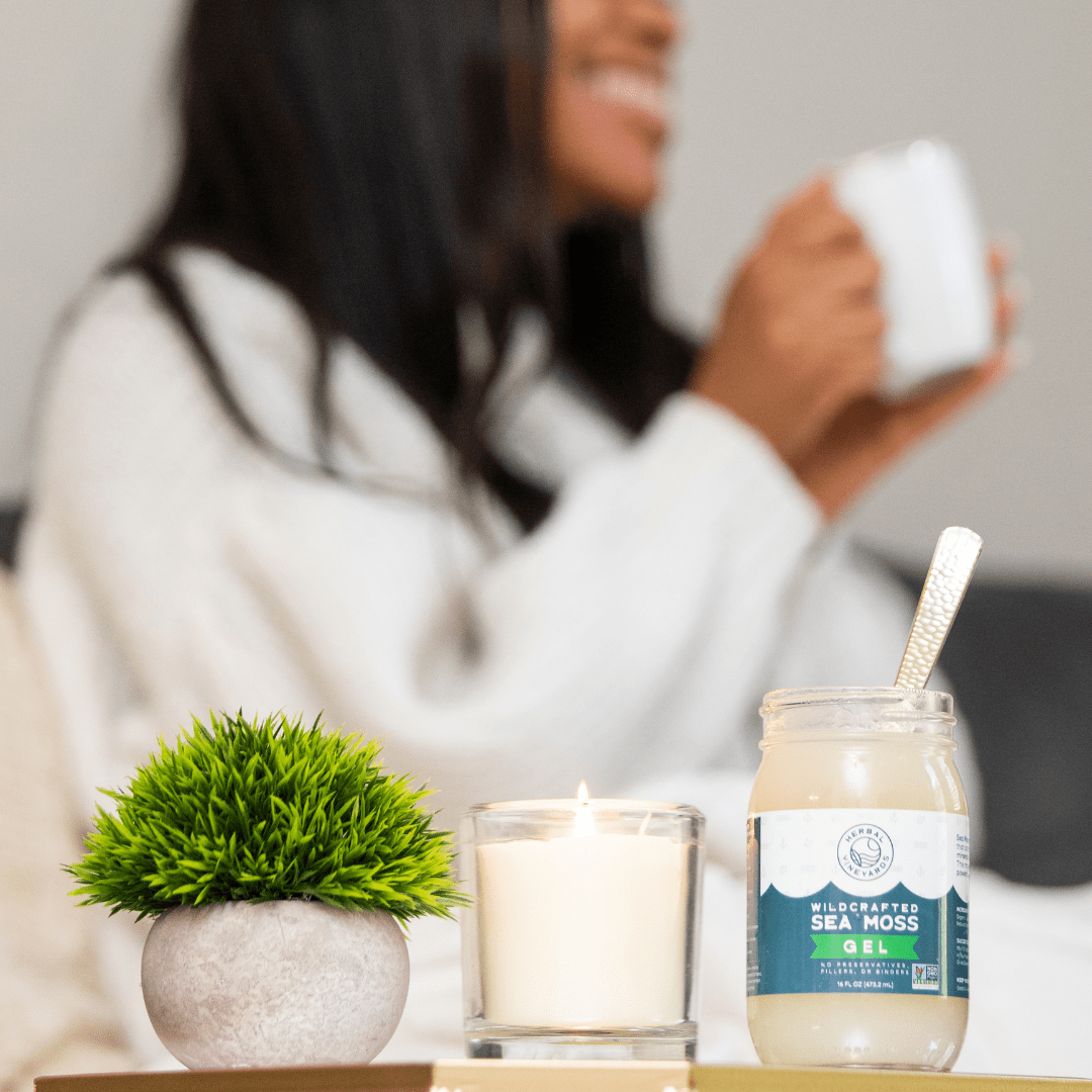 Herbal Vineyards gold sea moss gel in a jar, showcasing the rich, golden color and smooth texture of the natural skincare product.