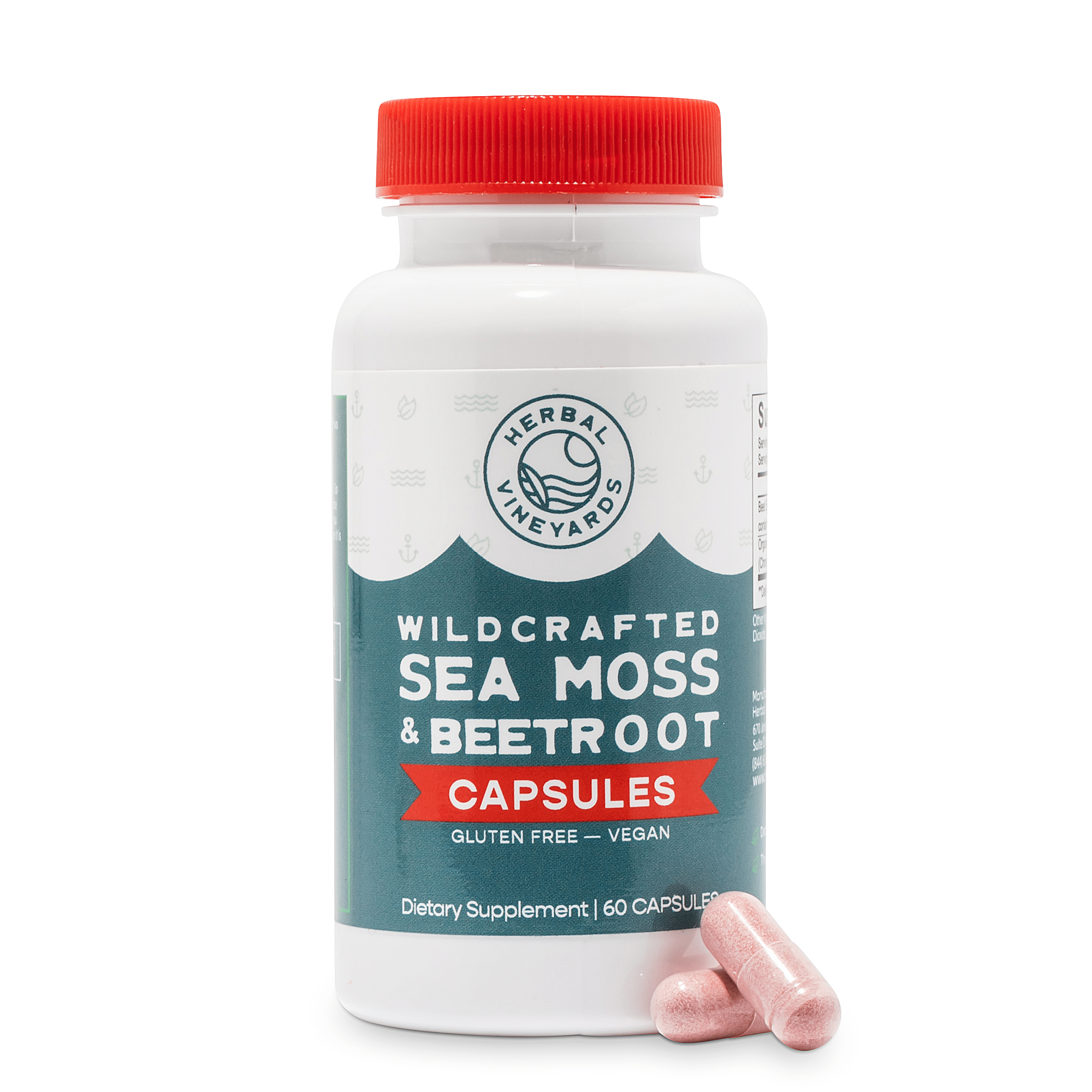 Organic sea moss and beet root capsules by Herbal Vineyards, 60-count bottle, showing the capsules in a clear container.