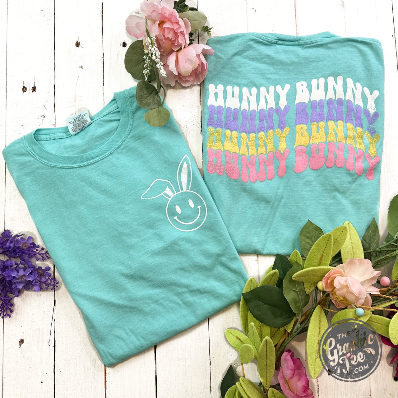 Hunny Bunny pigment dyed short sleeve graphic tee by The Graphic Tee, showcasing a casual, colorful design on soft fabric.