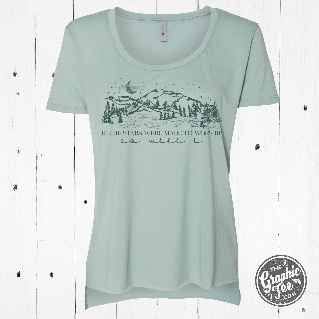 Women's scoop neck graphic tee by The Graphic Tee featuring a hi-low cut and star-themed design.