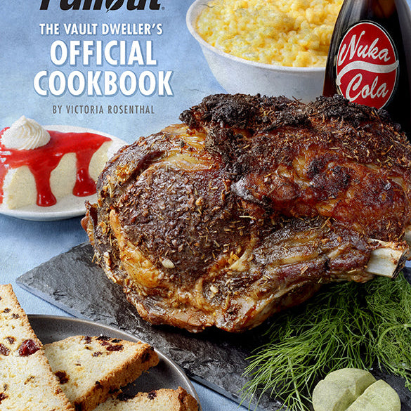 Hardbound Fallout: The Vault Dweller's Official Cookbook by Insight Editions showing a cover with Vault-Tec logo and themed food images.