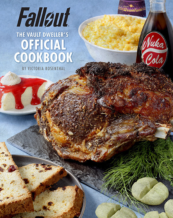 Hardbound Fallout: The Vault Dweller's Official Cookbook by Insight Editions showing a cover with Vault-Tec logo and themed food images.