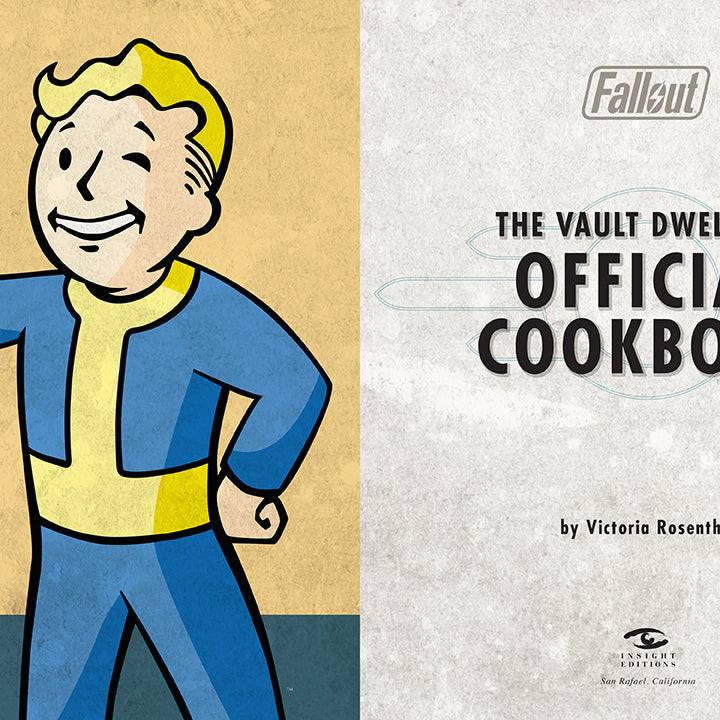 Hardbound Fallout: The Vault Dweller's Official Cookbook by Insight Editions with themed cover and interior pages.