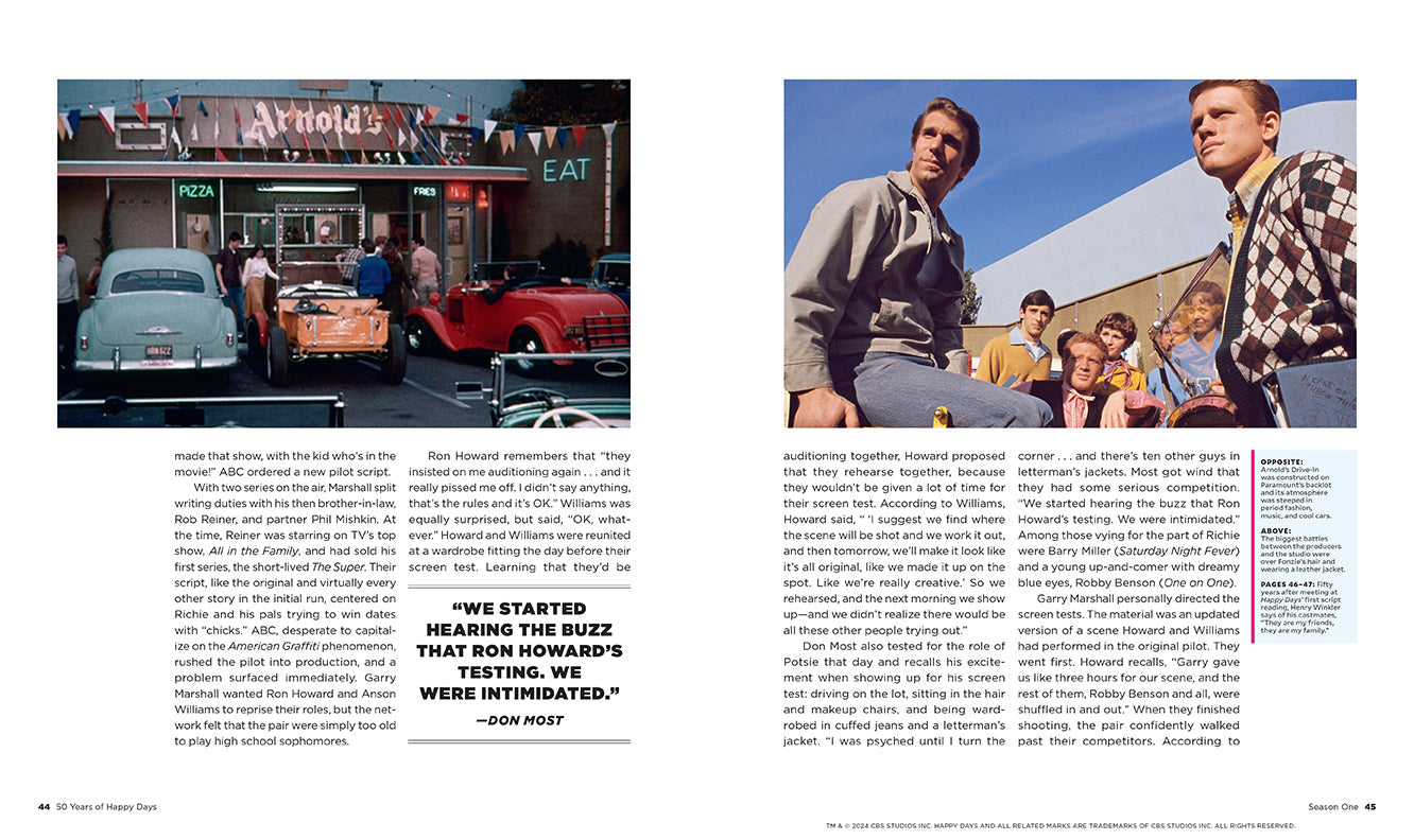 Hardcover book titled "50 Years of Happy Days" by Insight Editions with colorful cover art featuring the TV show's logo.