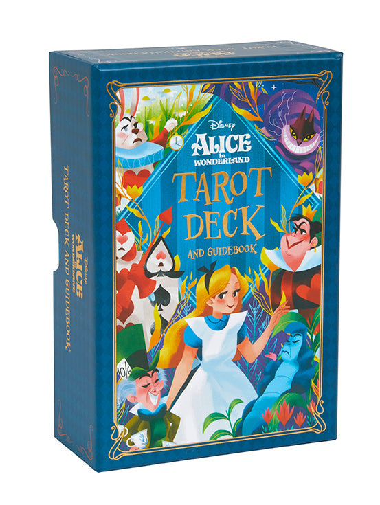 Hardcover Alice in Wonderland Tarot Deck and Guidebook by Insight Editions, featuring whimsical illustrations and mystical symbols.