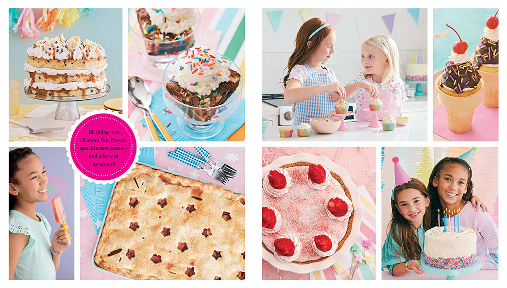 Hardcover book titled "American Girl Birthday!" by Insight Editions with colorful cover art featuring American Girl characters.